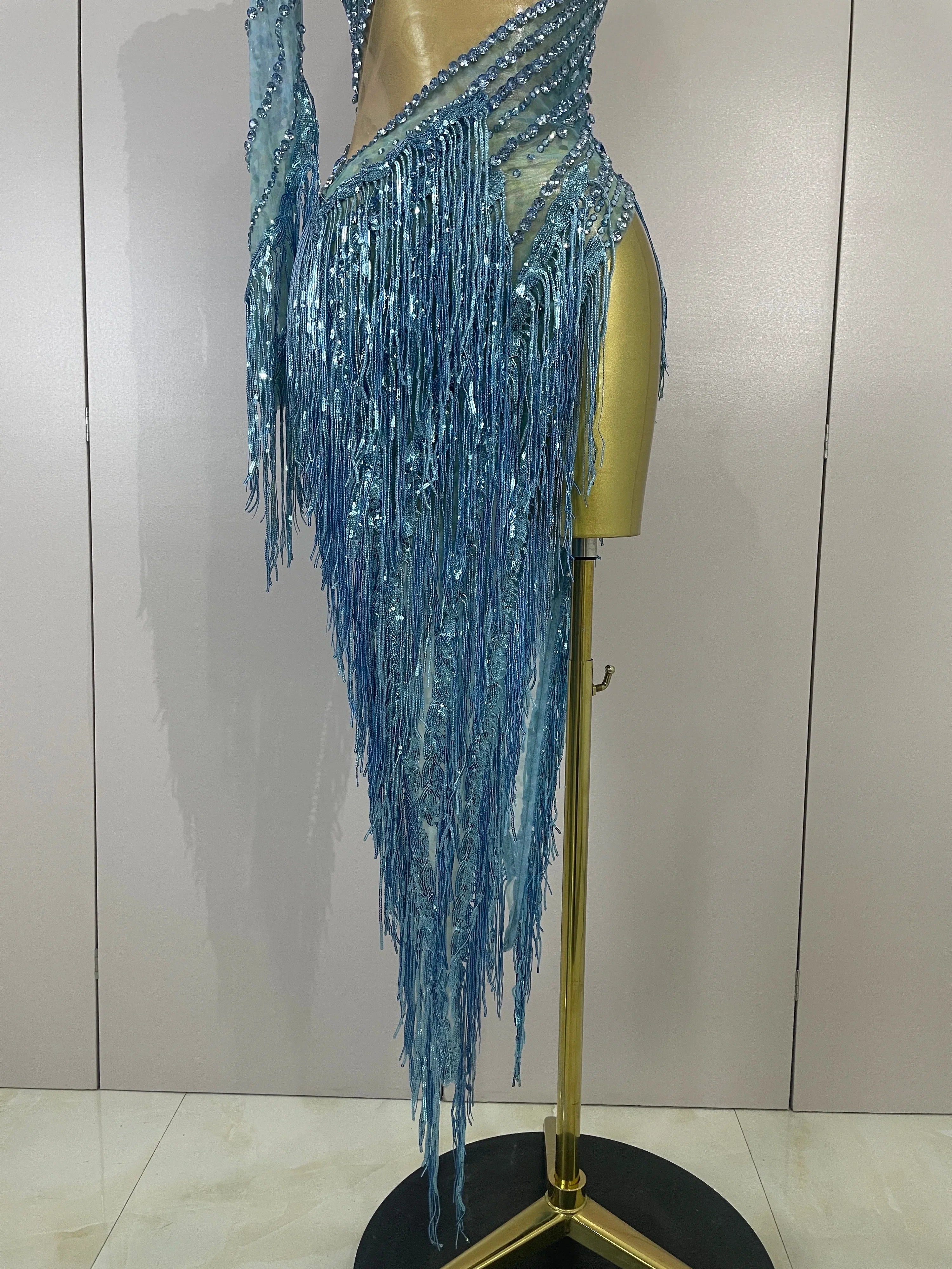 Ailanny Sparkly Diamond Blue Rhinestone Mesh One Shoulder Tassel Dress