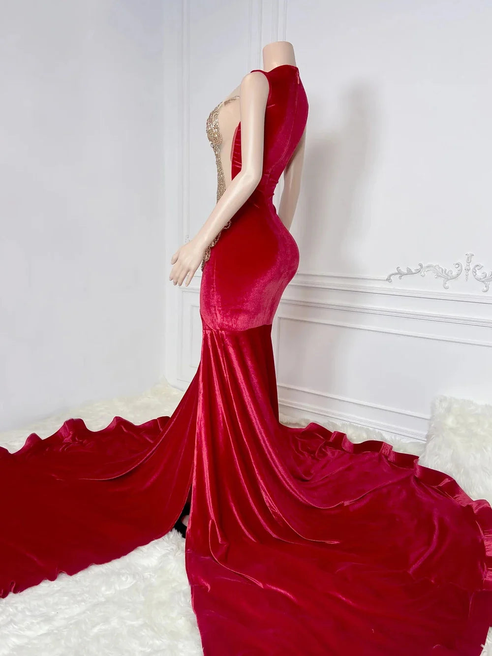 Elegant Red Mermaid Prom Gown with Crystal Beads & Cut-Outs