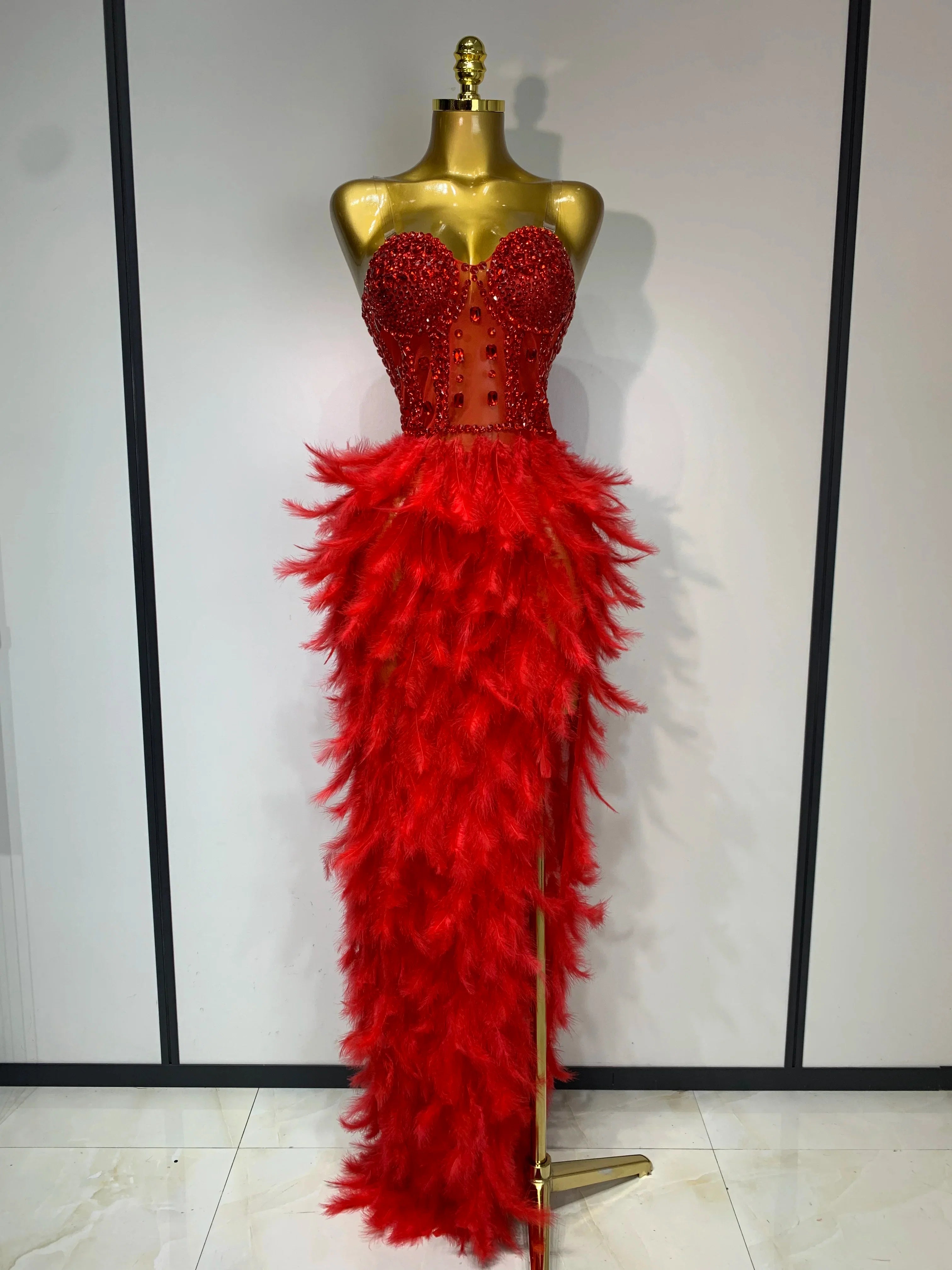 Anna Sparkly Rhinestone Feather Mesh Long Dress