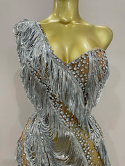 Carrie Sparkly Rhinestone Sequins Tassel Mesh One Shoulder Short Dress