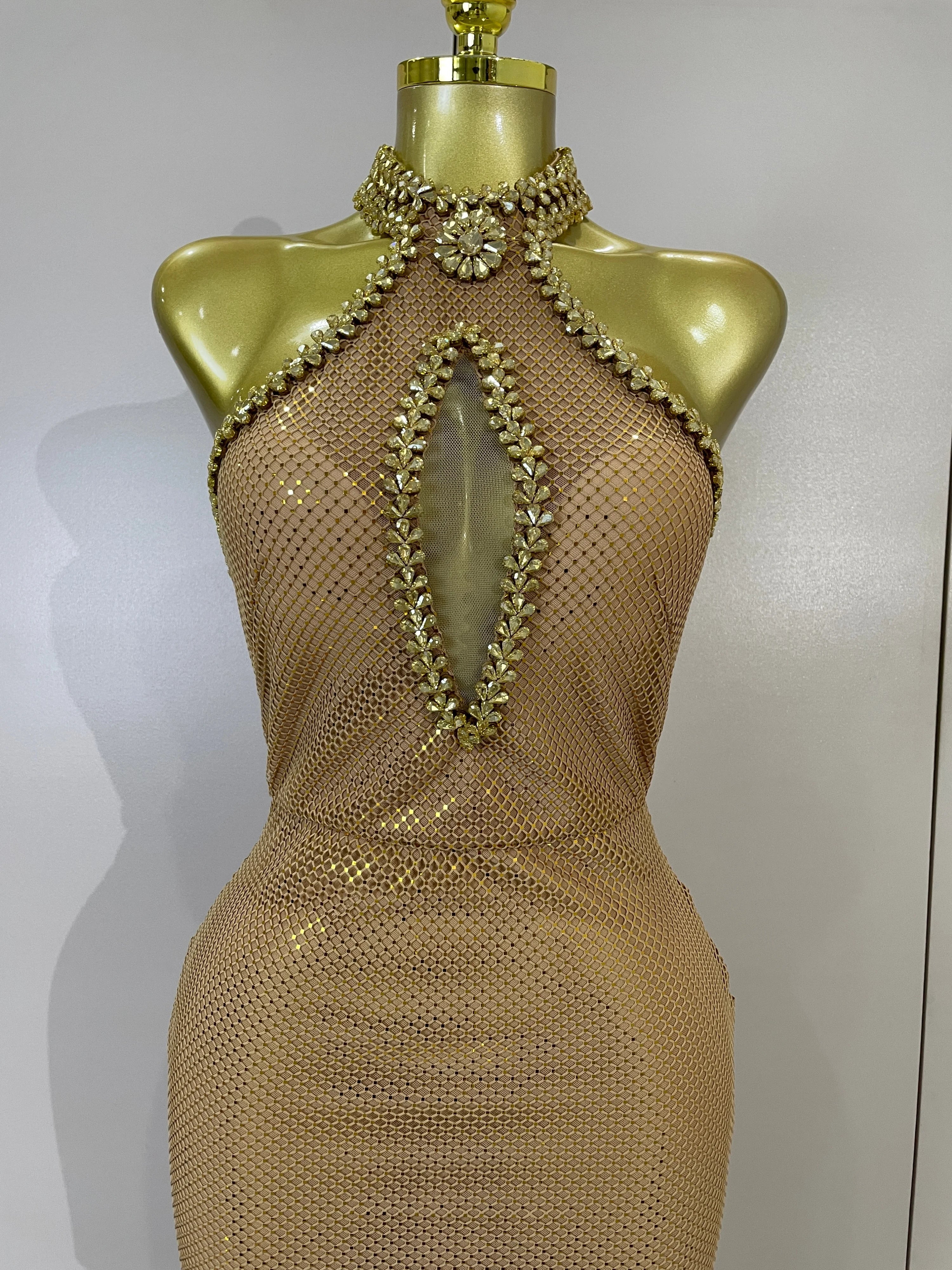 Eva Sexy Halter Sparkly Diamond Golden Mesh Sequin Maxi Dress