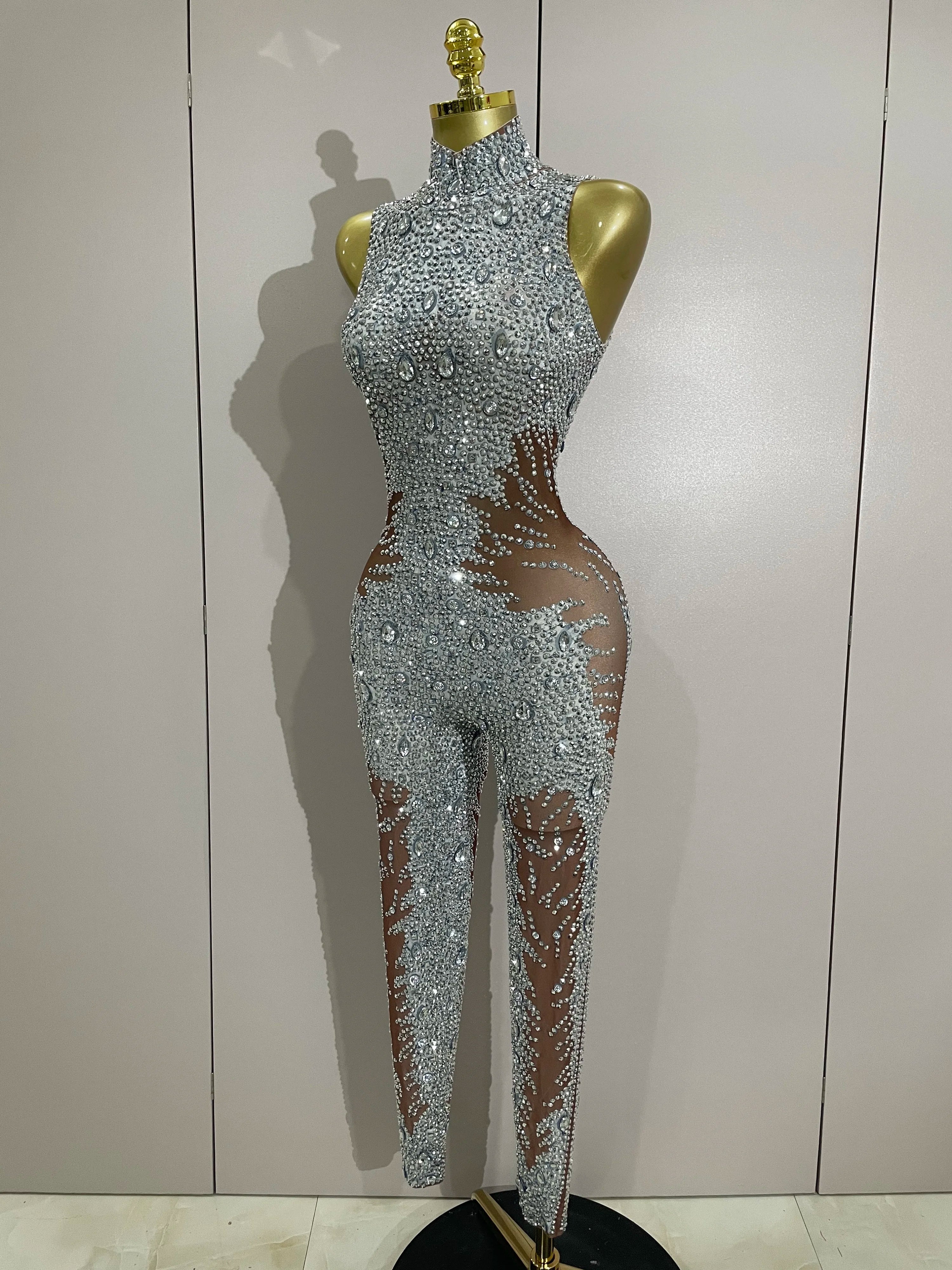 Amina Luxury Sleeveless Rhinestone Bodycon Jumpsuit