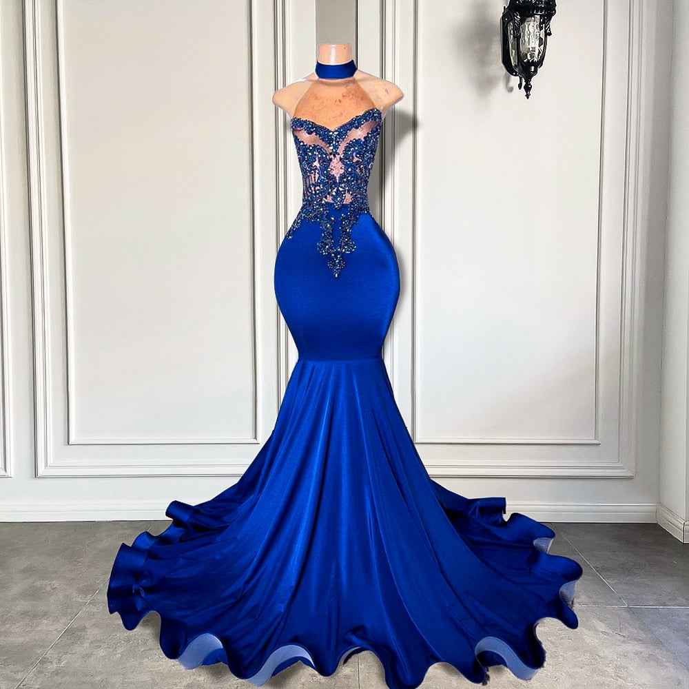 Elegant Royal Blue High Neck Luxury Beaded Embroidery Prom Dress