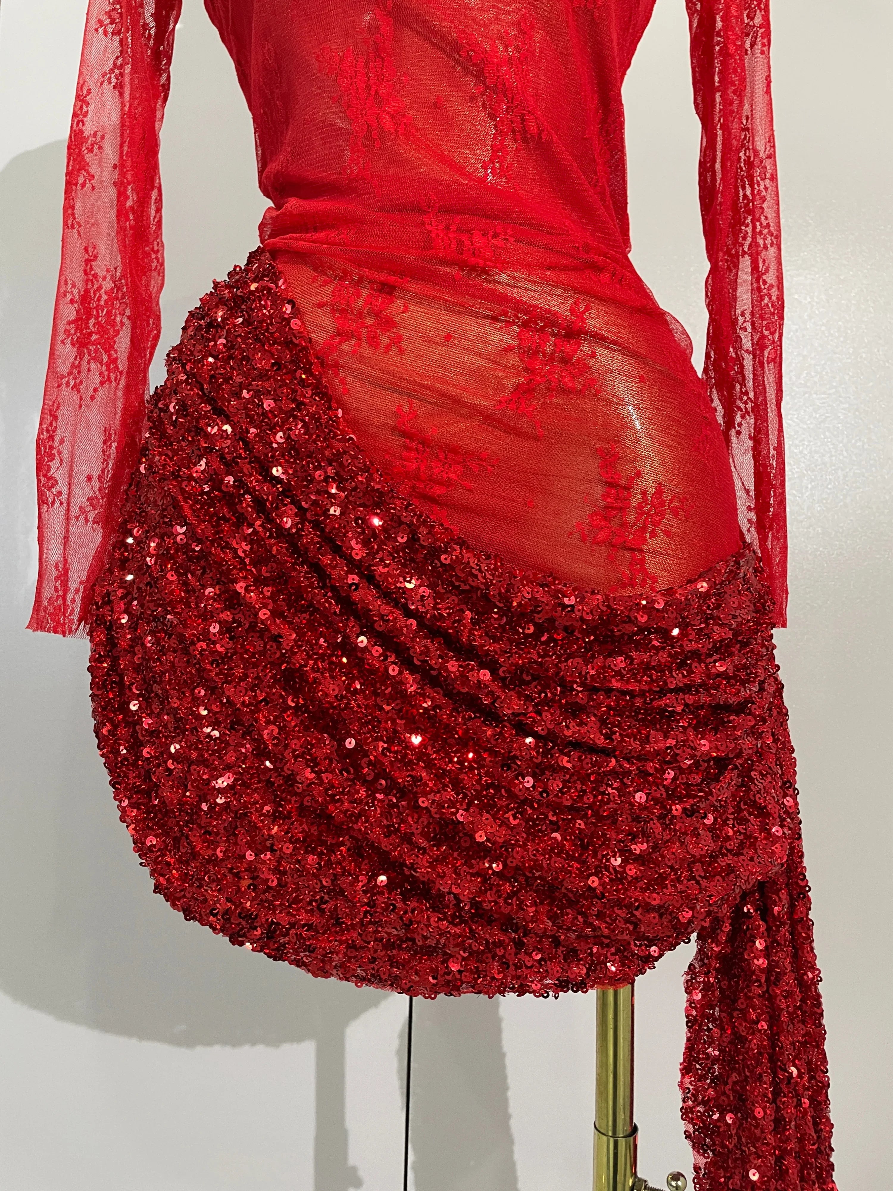 Donna Sparkly Rhinestone Red Sequin Lace Mesh See-Through Mini Dress