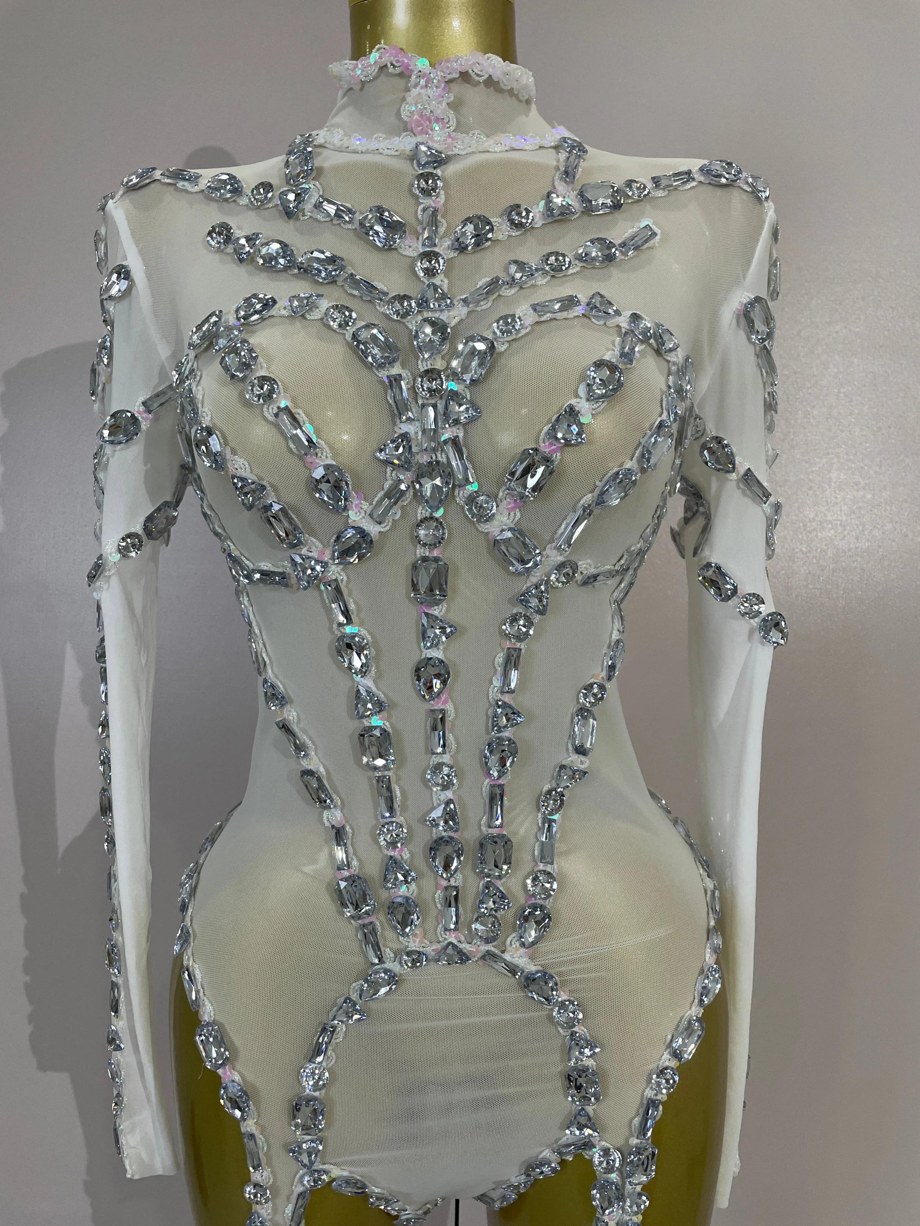 Grace Sparkly Diamond Sequin Long Sleeve Mesh See-Through Jumpsuit