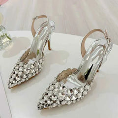 Elegant Pointed Toe Slingback Stiletto Sandals Crystal Diamonds Women Pumps High Heels