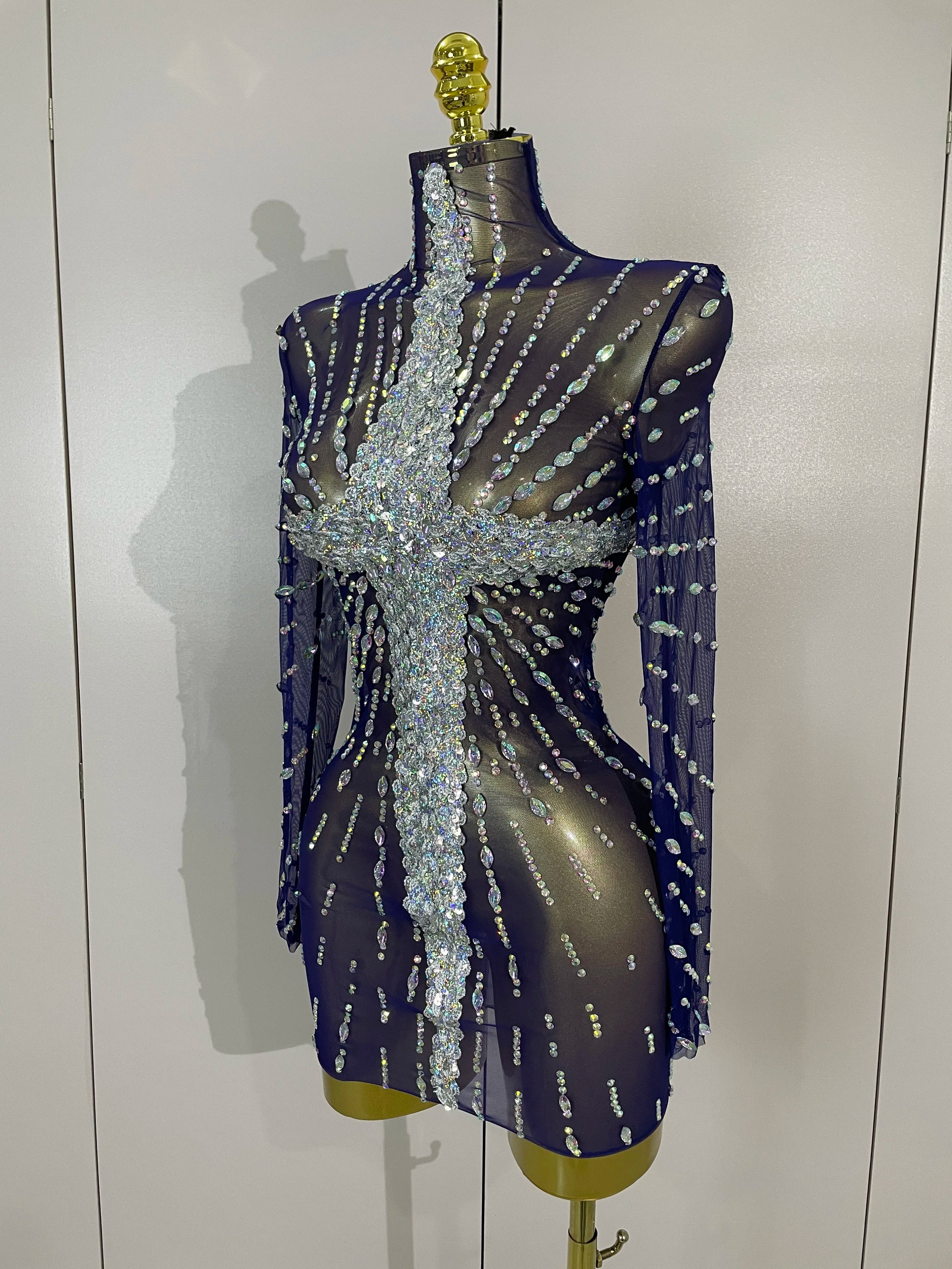 Ajay Sheer Mesh See-Through Sparkling Diamond Sequin Long Sleeve Mini Dress