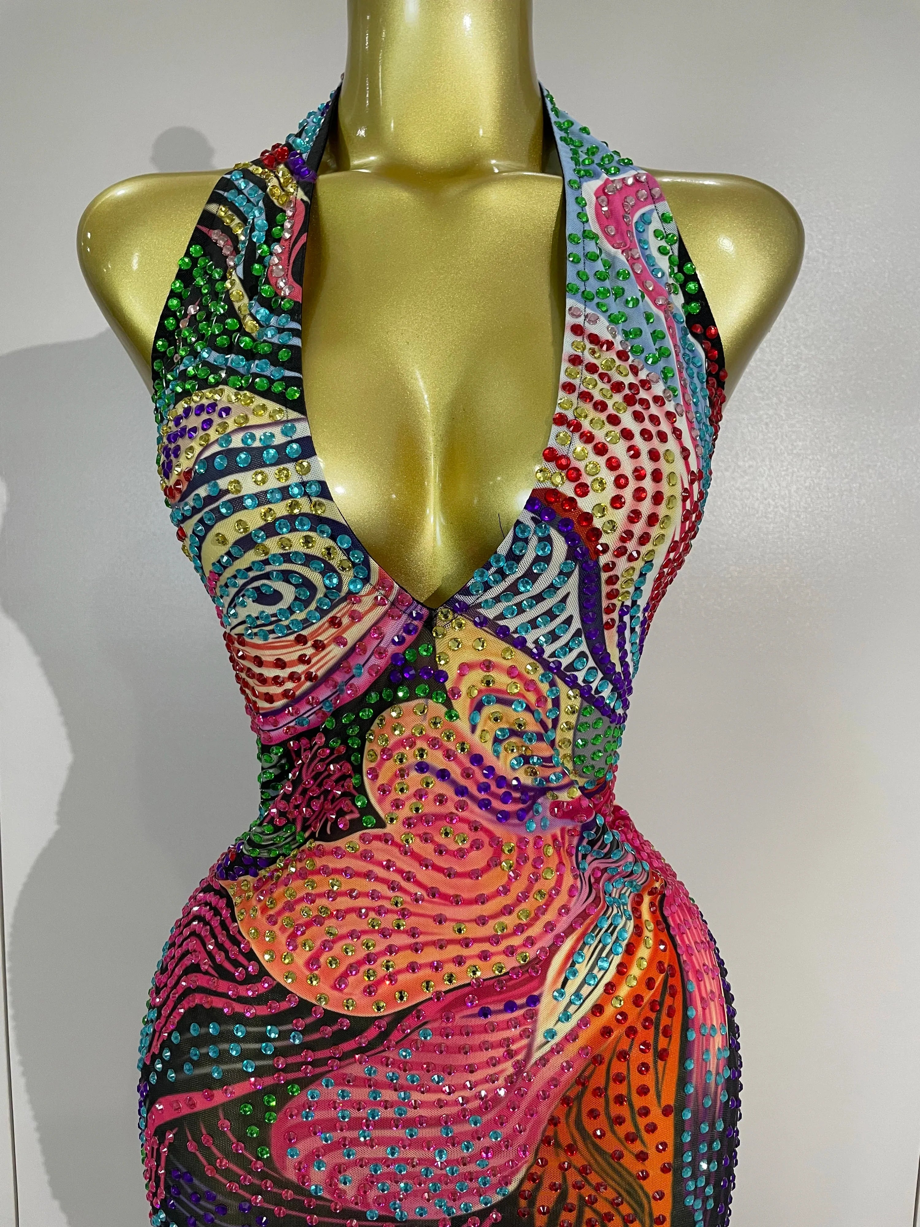Aviana Colorful Halter Rhinestone Print Long Dress