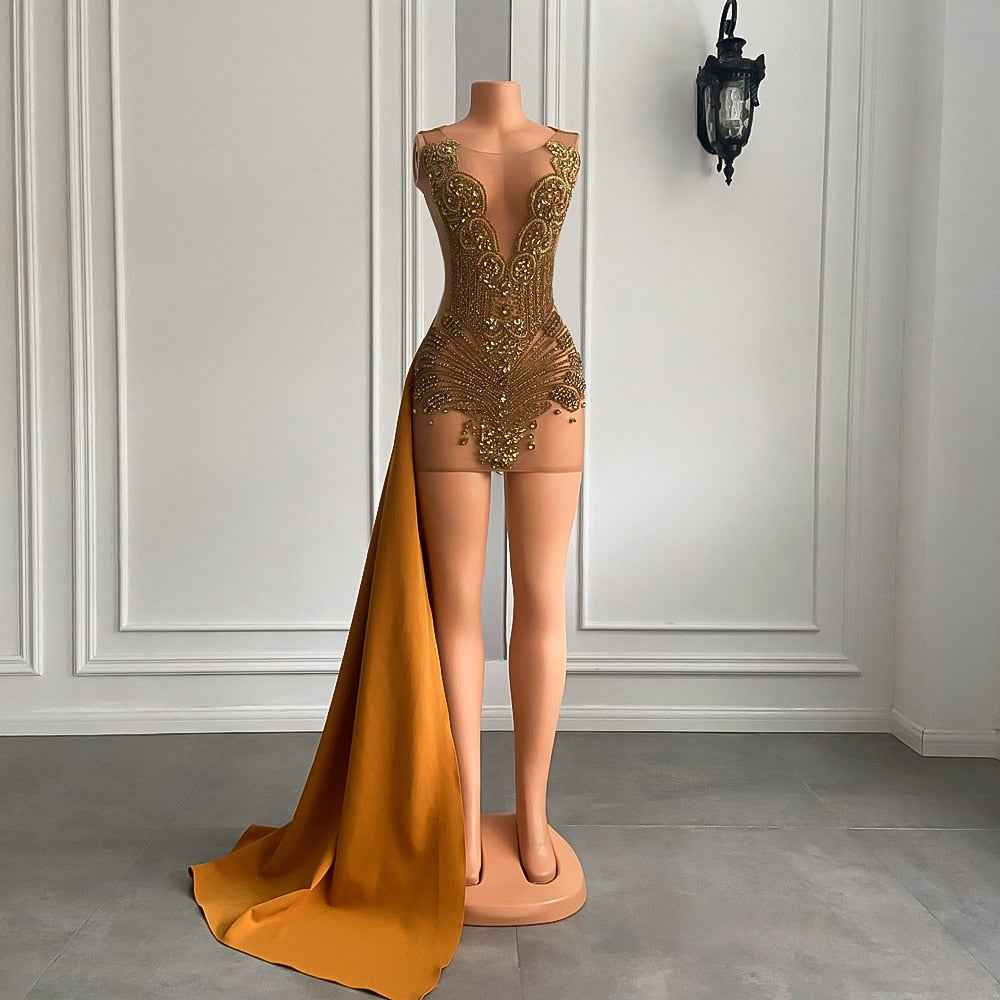 Gold Scalloped Mesh Beaded Mini Birthday Dress