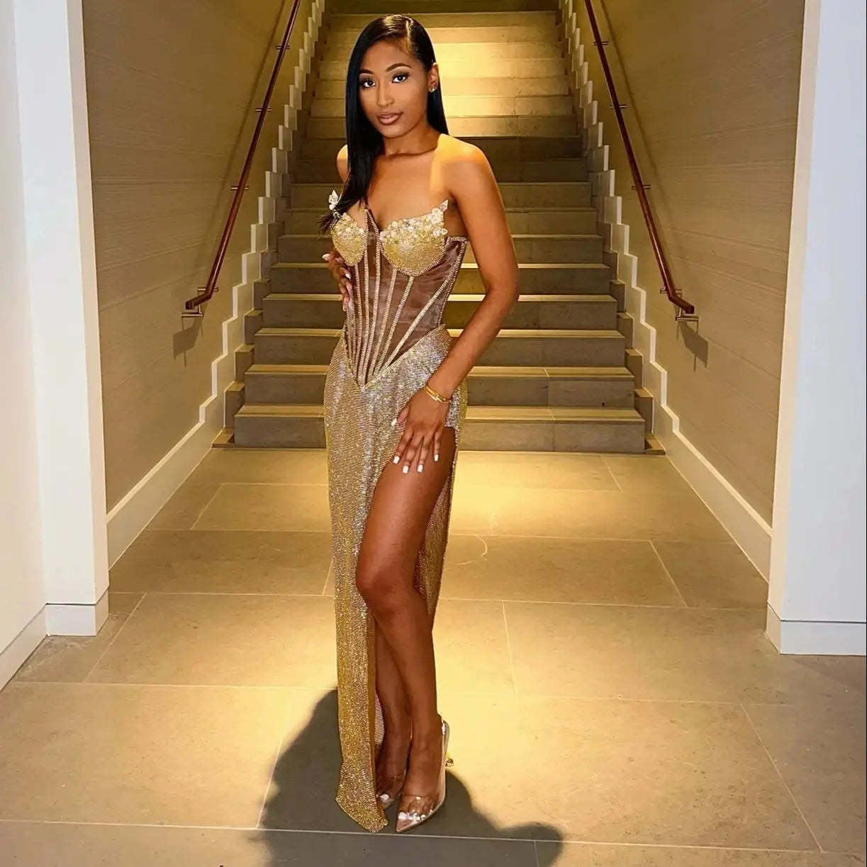 Gold Sparkly Sweetheart Long Dress