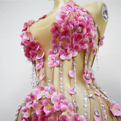 Courtney Nude Pink Mesh 3D Flower Crystal Beaded Jumpsuit