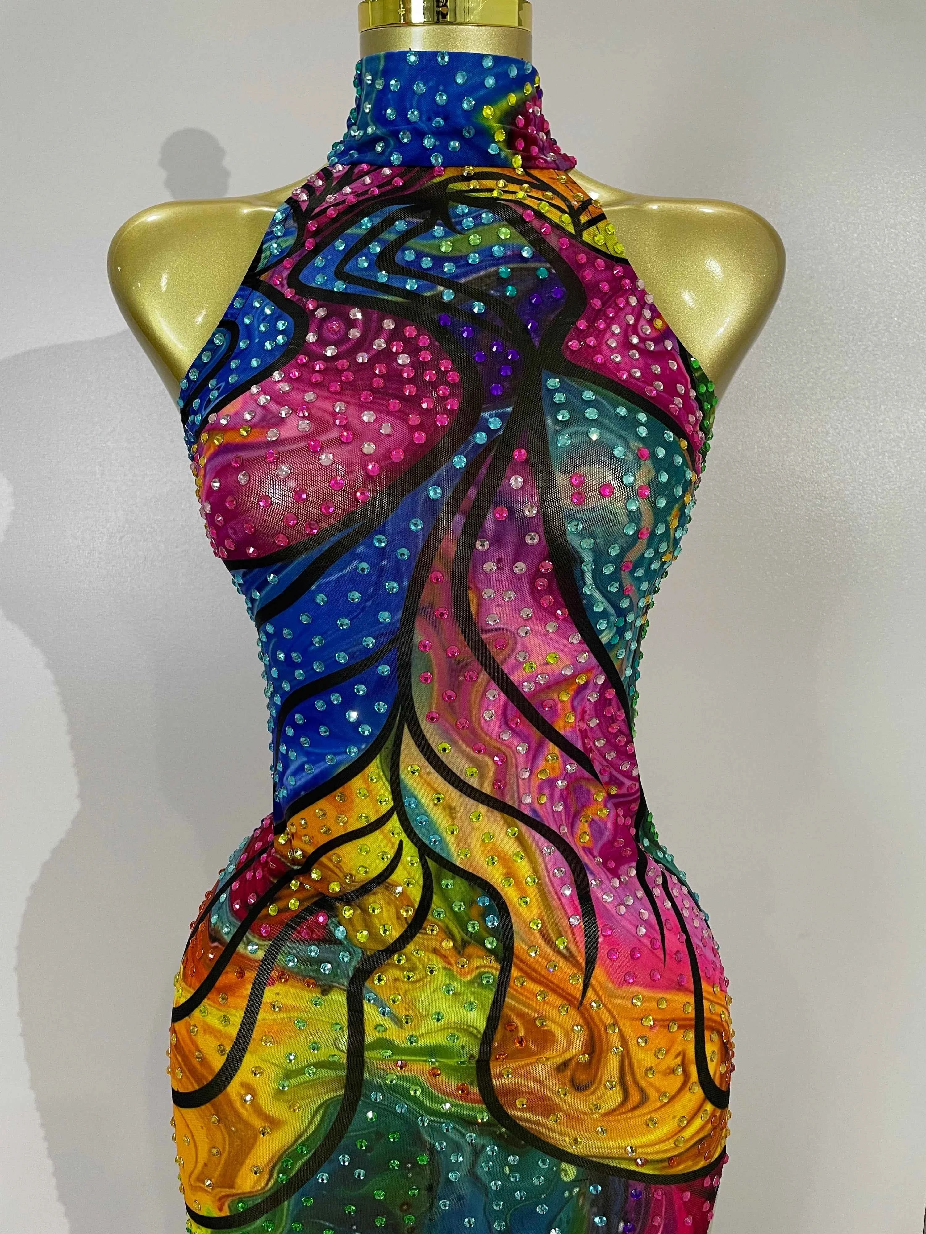 Felicia Colorful Rhinestone Print High Slit Sleeveless Long Dress
