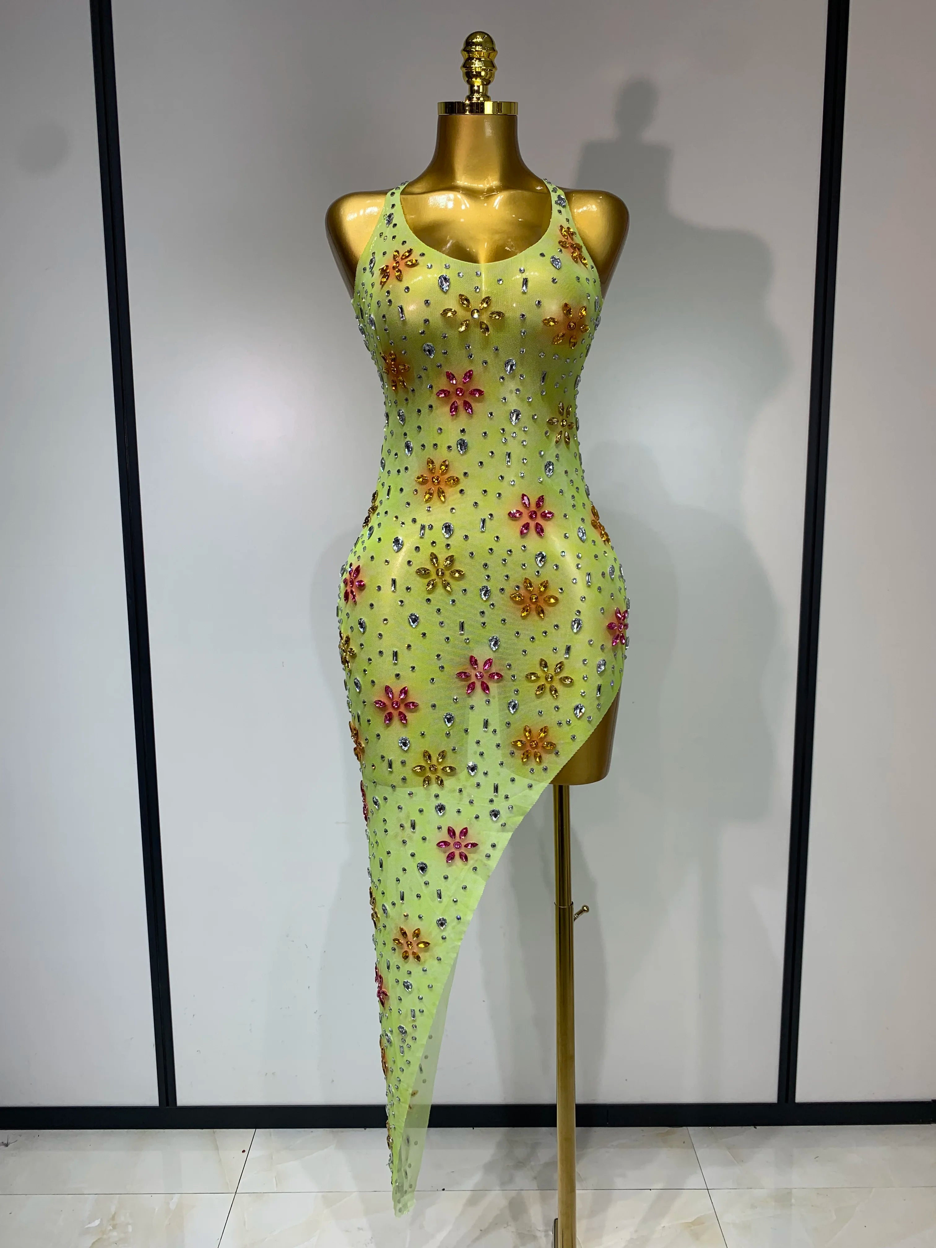 A'Riah Sexy Mesh High Split Sparkly Diamonds See Through Dress