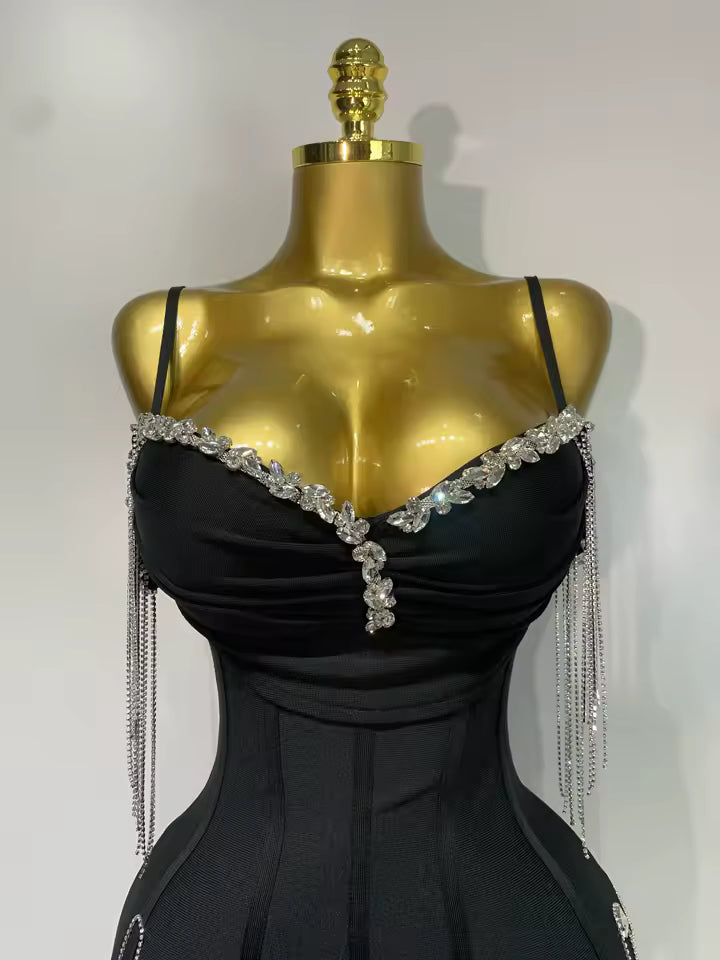 Camille Spaghetti Strap Bodycon Black Bandage Dress