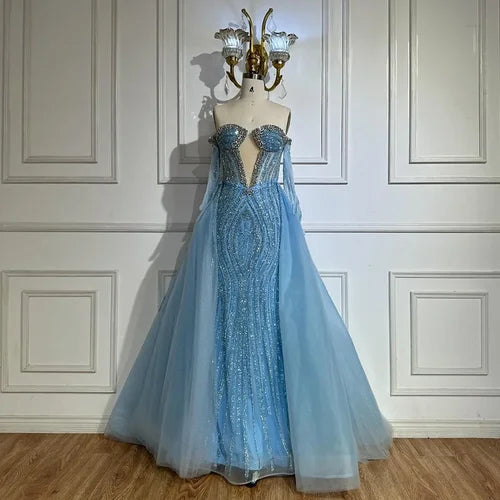 Blue Mermaid Evening Gown with Gloves and Overskirt