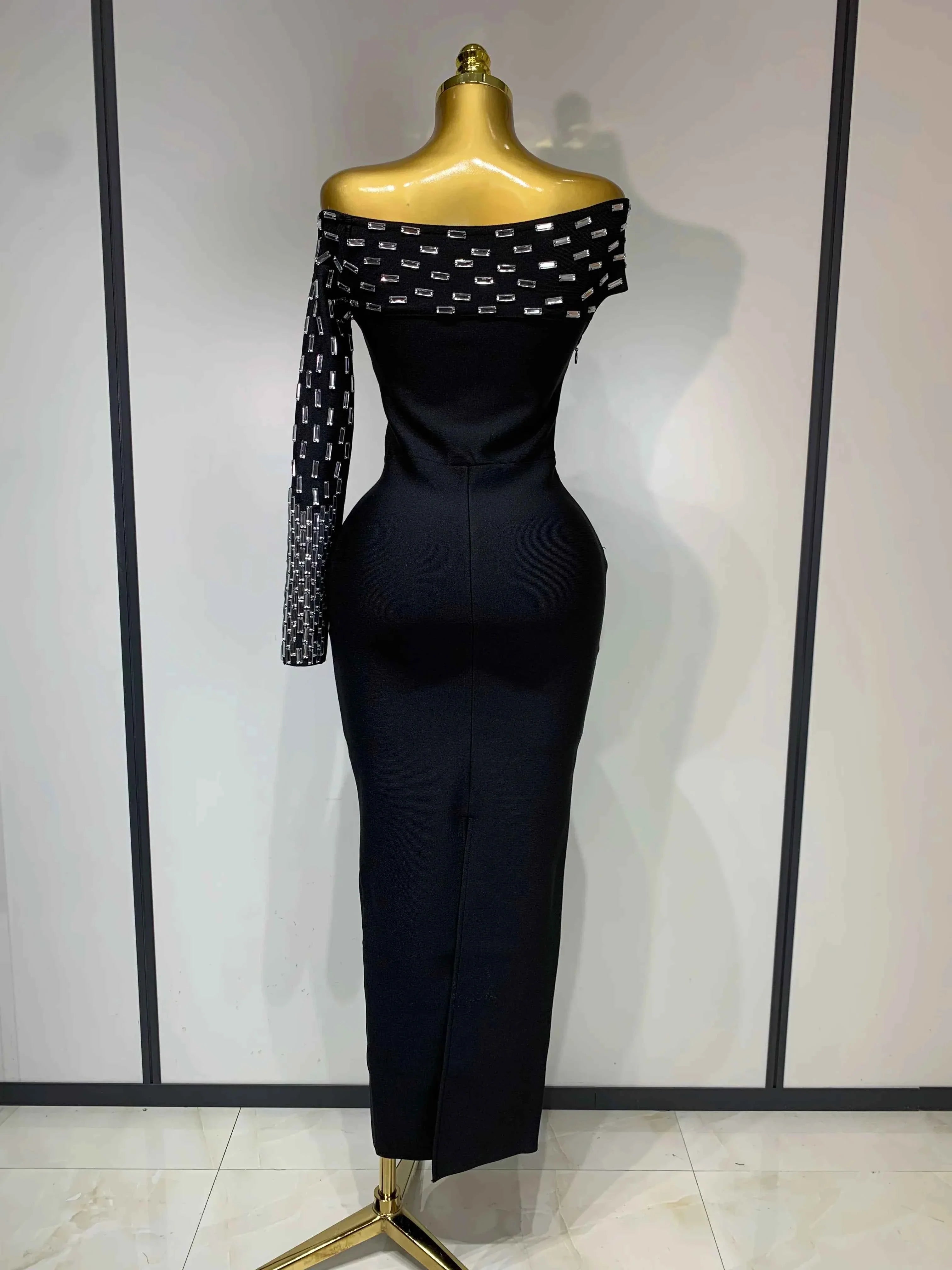 Coleen Sexy Off-shoulder Diamonds Black Maxi Long Bandage Dress