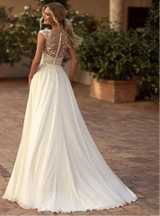Elegant Boho Lace Wedding Dress Illusion Back Side Split Applique