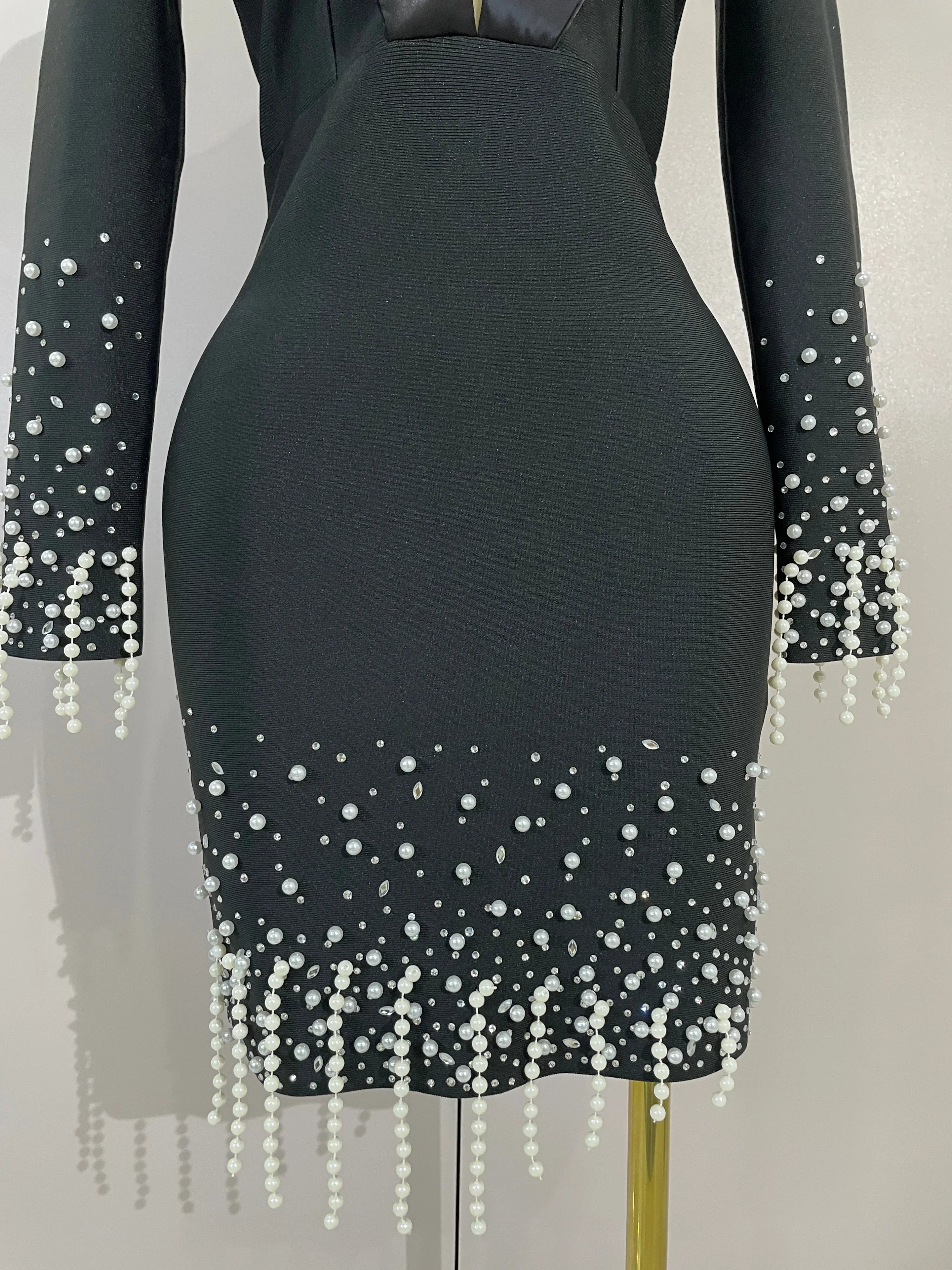 Eva Black V-Neck Pearl Beaded Long Sleeve Bodycon Bandage Dress