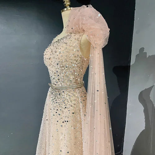 Blush Pink Feathers Luxury Dress With Cape