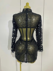 Emily Shiny Sequin Pearl Black Mesh Long Sleeve Bodycon Mini Dress