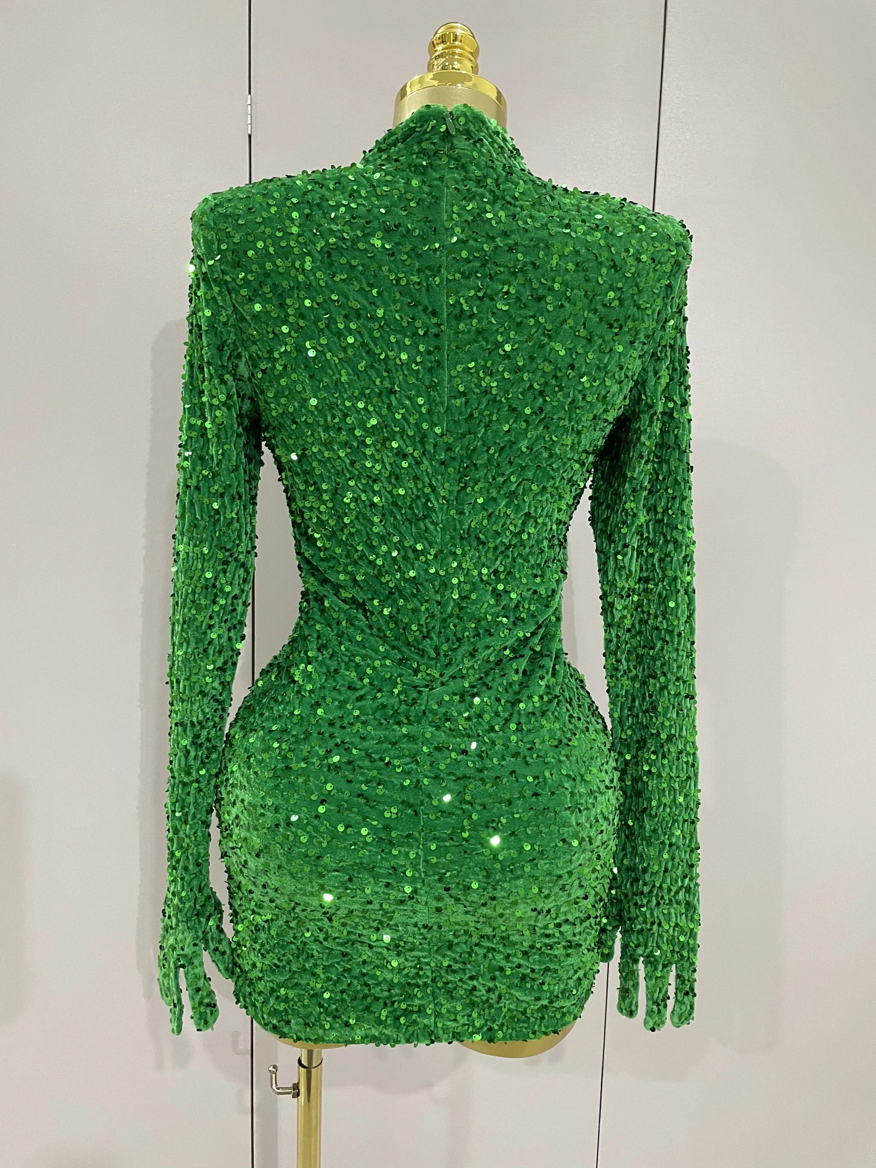 Ghee Sexy Shiny Green Sequin Long Sleeve Birthday Dress with Gloves