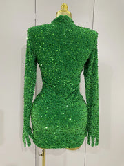 Ghee Sexy Shiny Green Sequin Long Sleeve Birthday Dress with Gloves