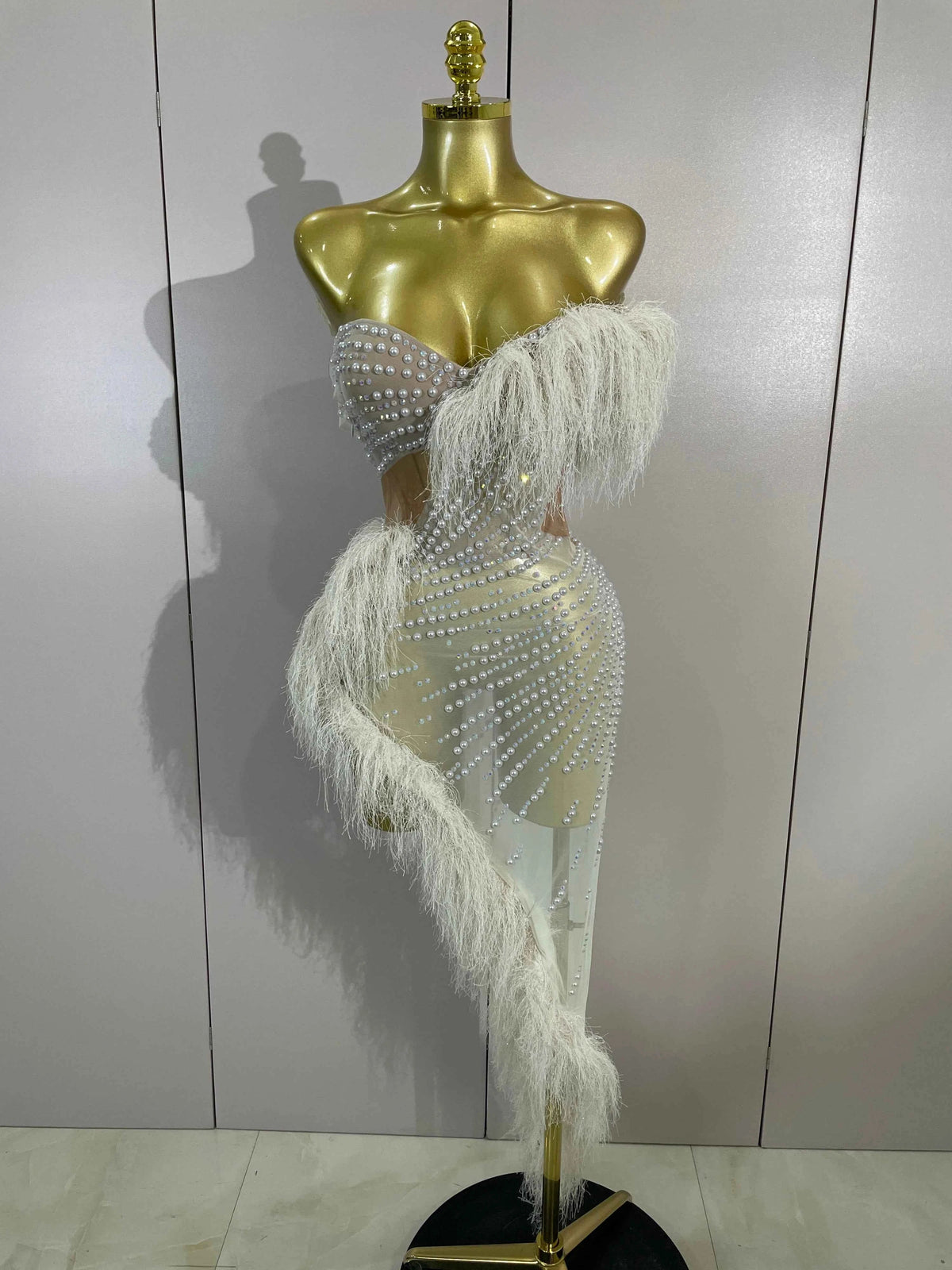 Draya Sparkly Rhinestone Off The Shoulder White Mesh See-Through Long Dress