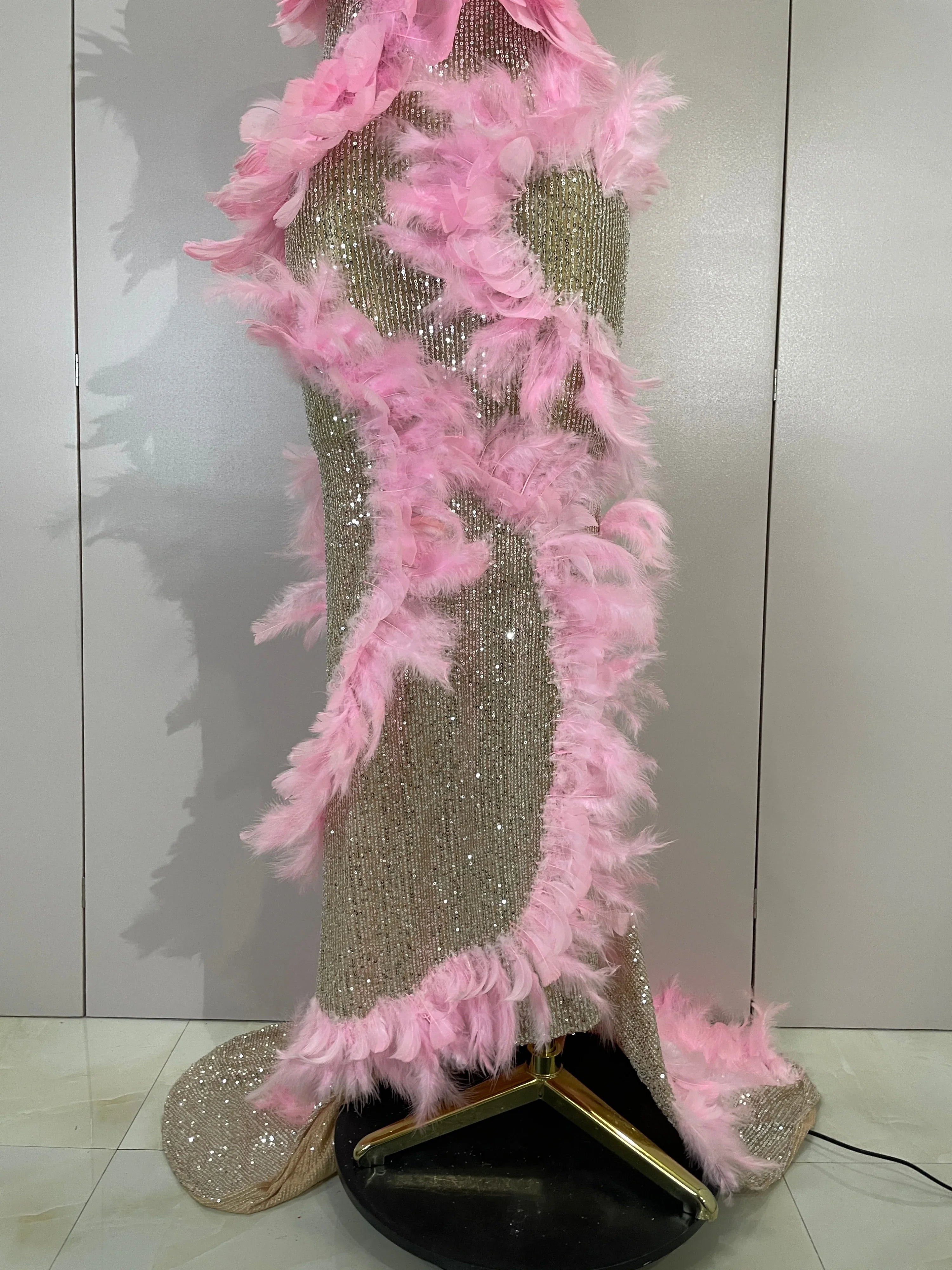 Faye Pink Sequin Feather Mesh Mermaid Maxi Gown