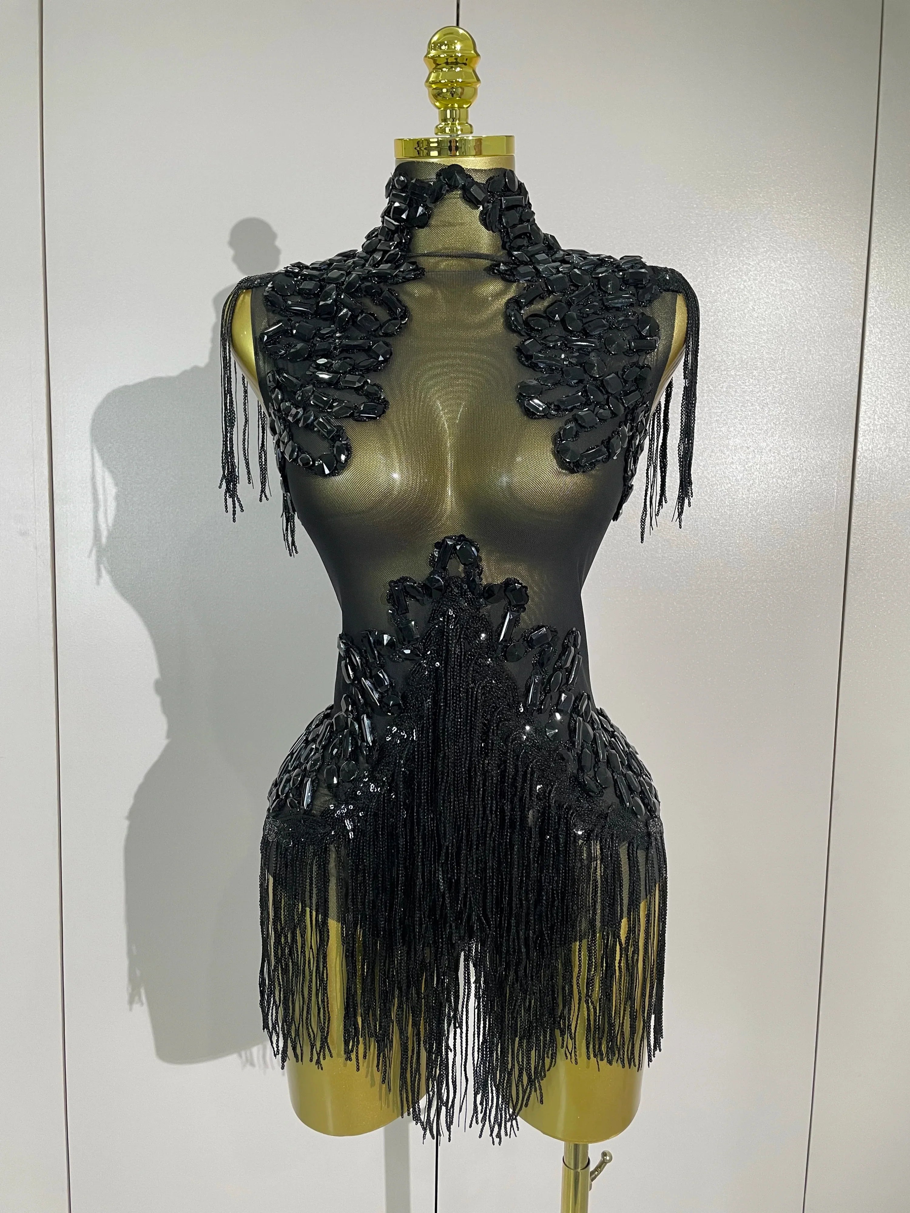 Gabrielle Sparkly Rhinestone Sequin Tassel Mesh See-Through Stretch Bodysuit