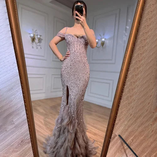 Black Luxury Beaded Feathers Mermaid Evening Dress Off Shoulder Sexy Slit