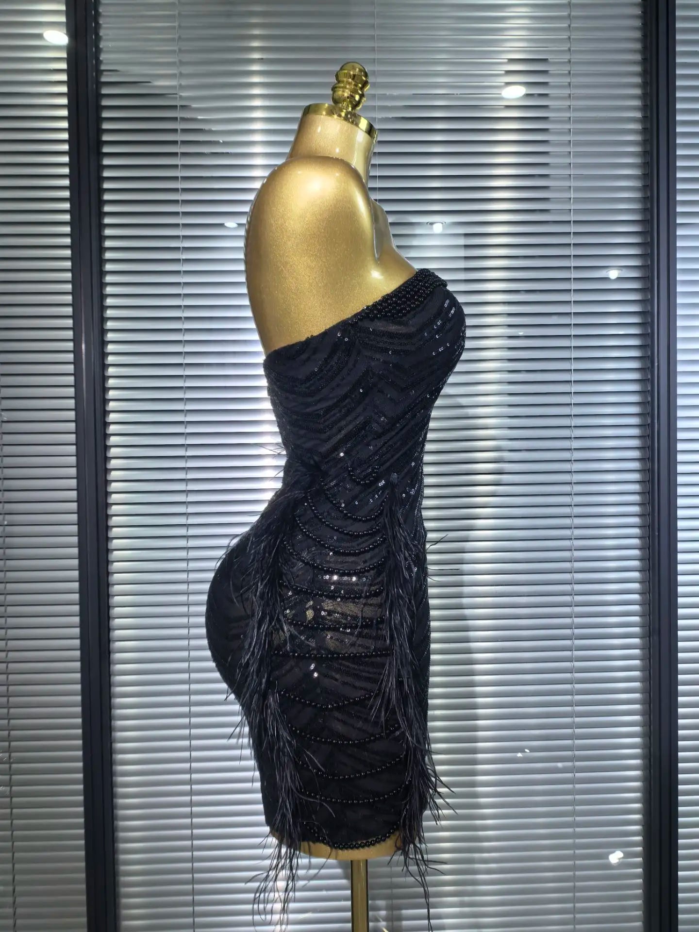 Amara Sequin Feather Strapless Bodycon Mini Dress