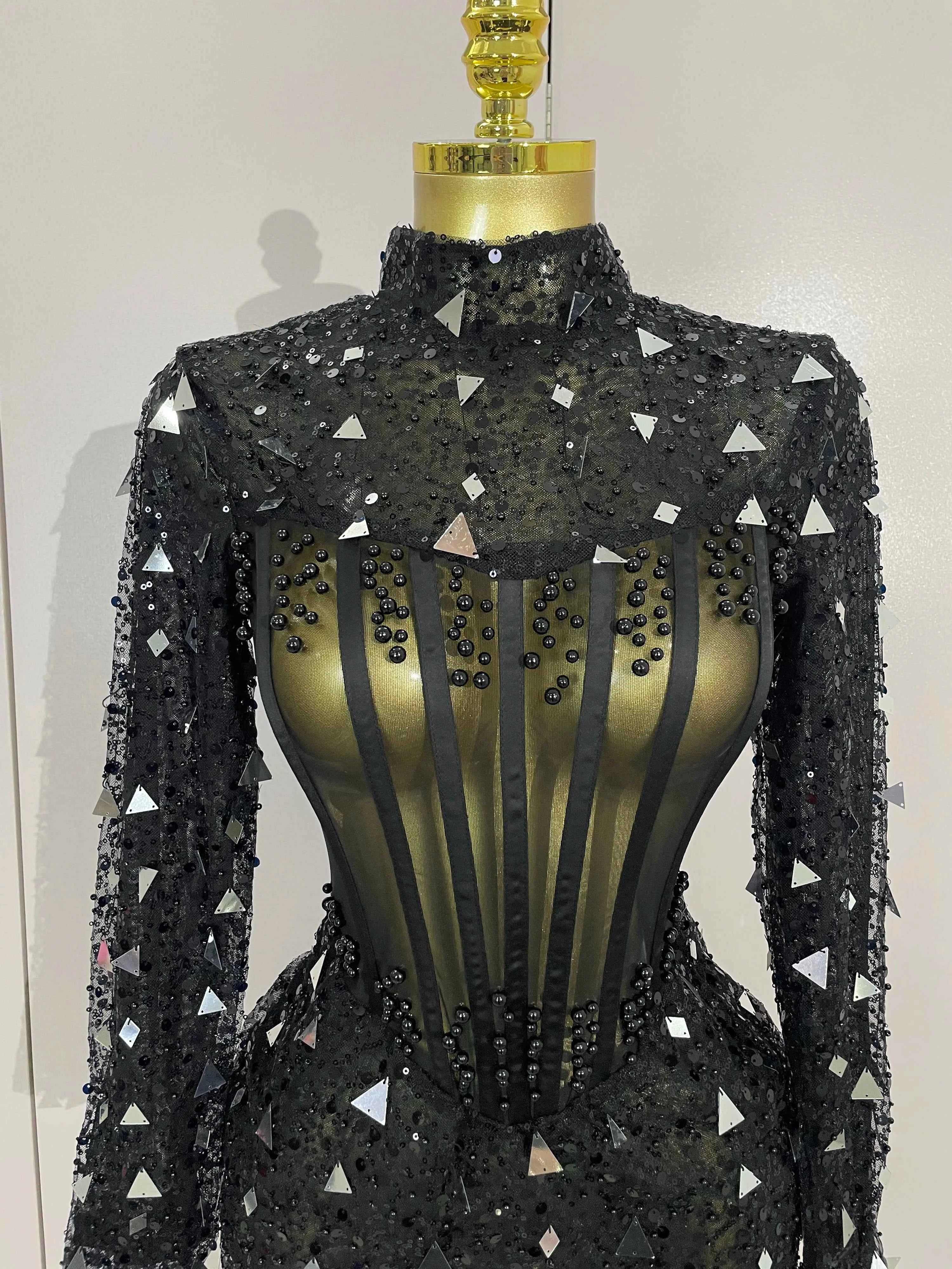 Emily Shiny Sequin Pearl Black Mesh Long Sleeve Bodycon Mini Dress