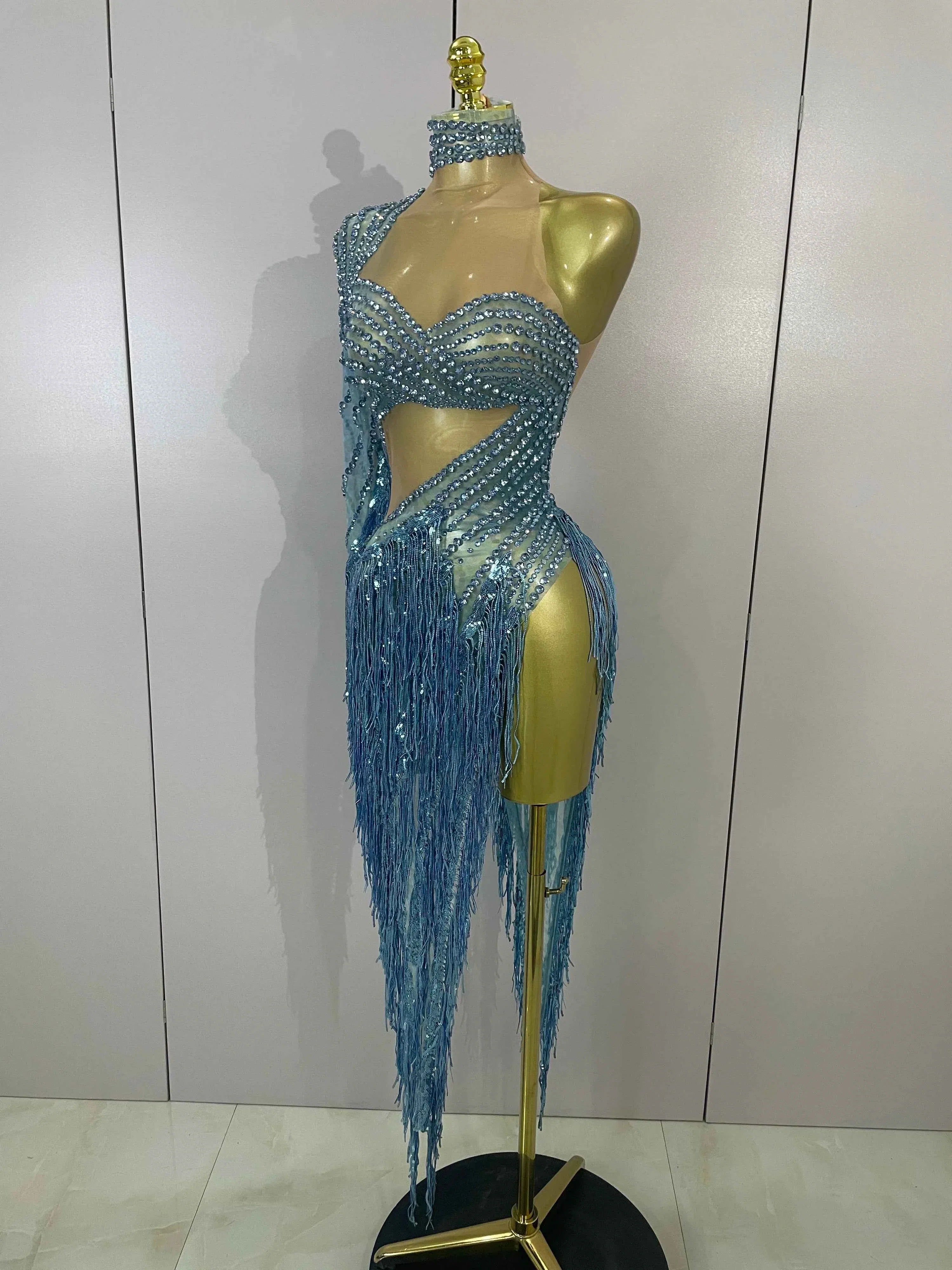 Ailanny Sparkly Diamond Blue Rhinestone Mesh One Shoulder Tassel Dress
