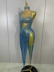 Ailanny Sparkly Diamond Blue Rhinestone Mesh One Shoulder Tassel Dress