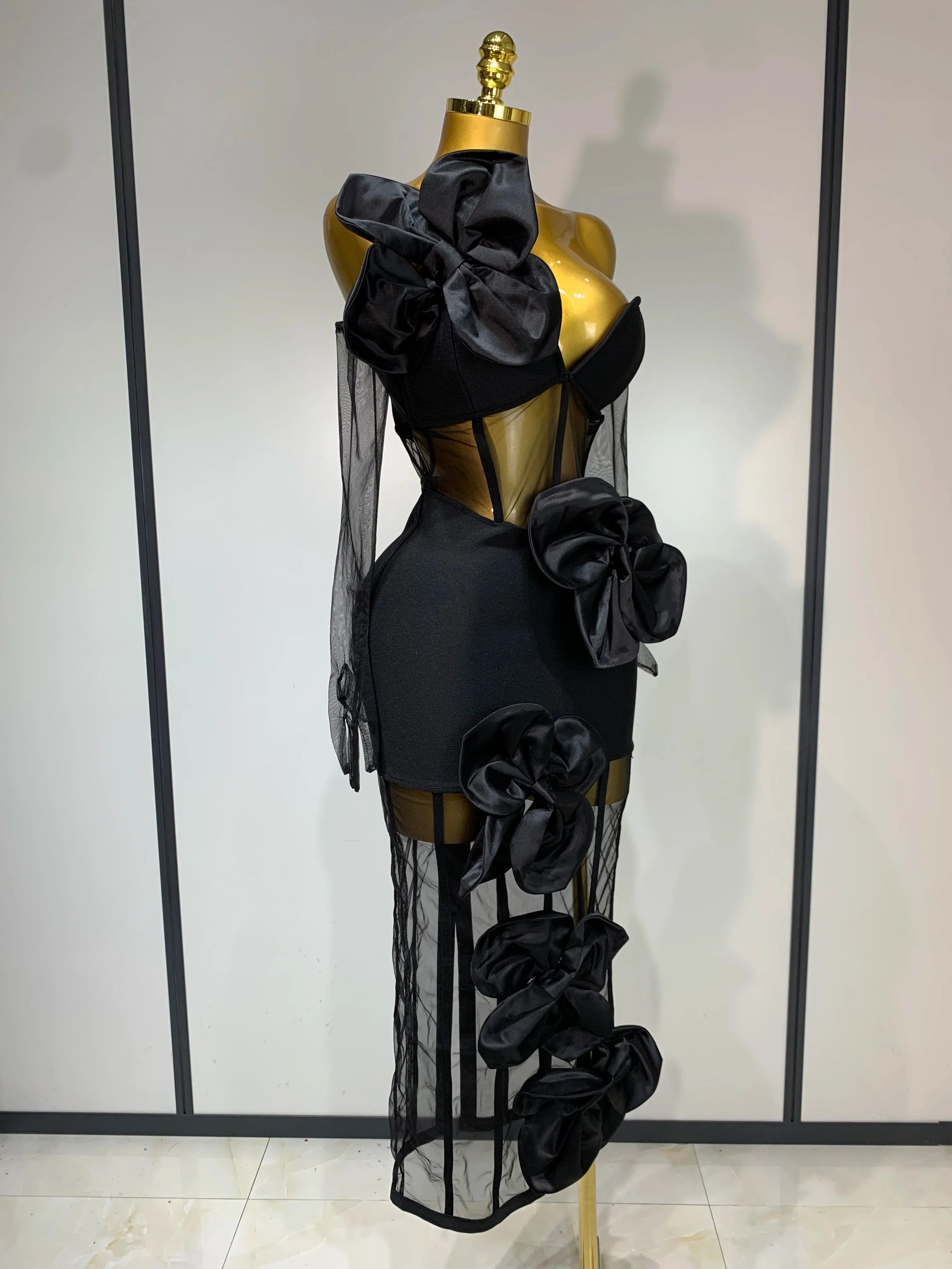 Diana One-Shoulder Bow Mesh Bodycon Dress with Gloves