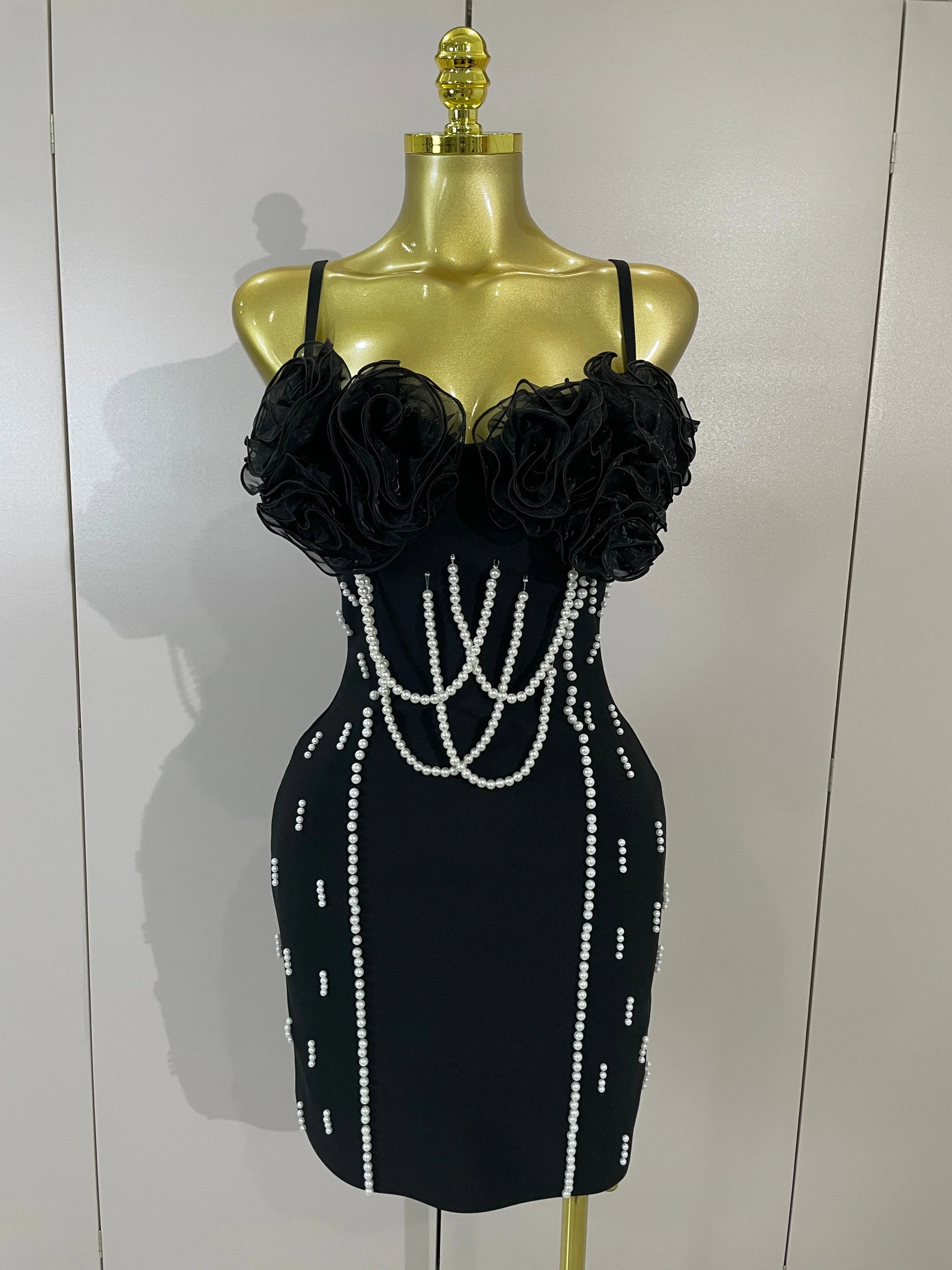 Carlie Pearl Beaded Strap Black Bodycon Bandage Dress