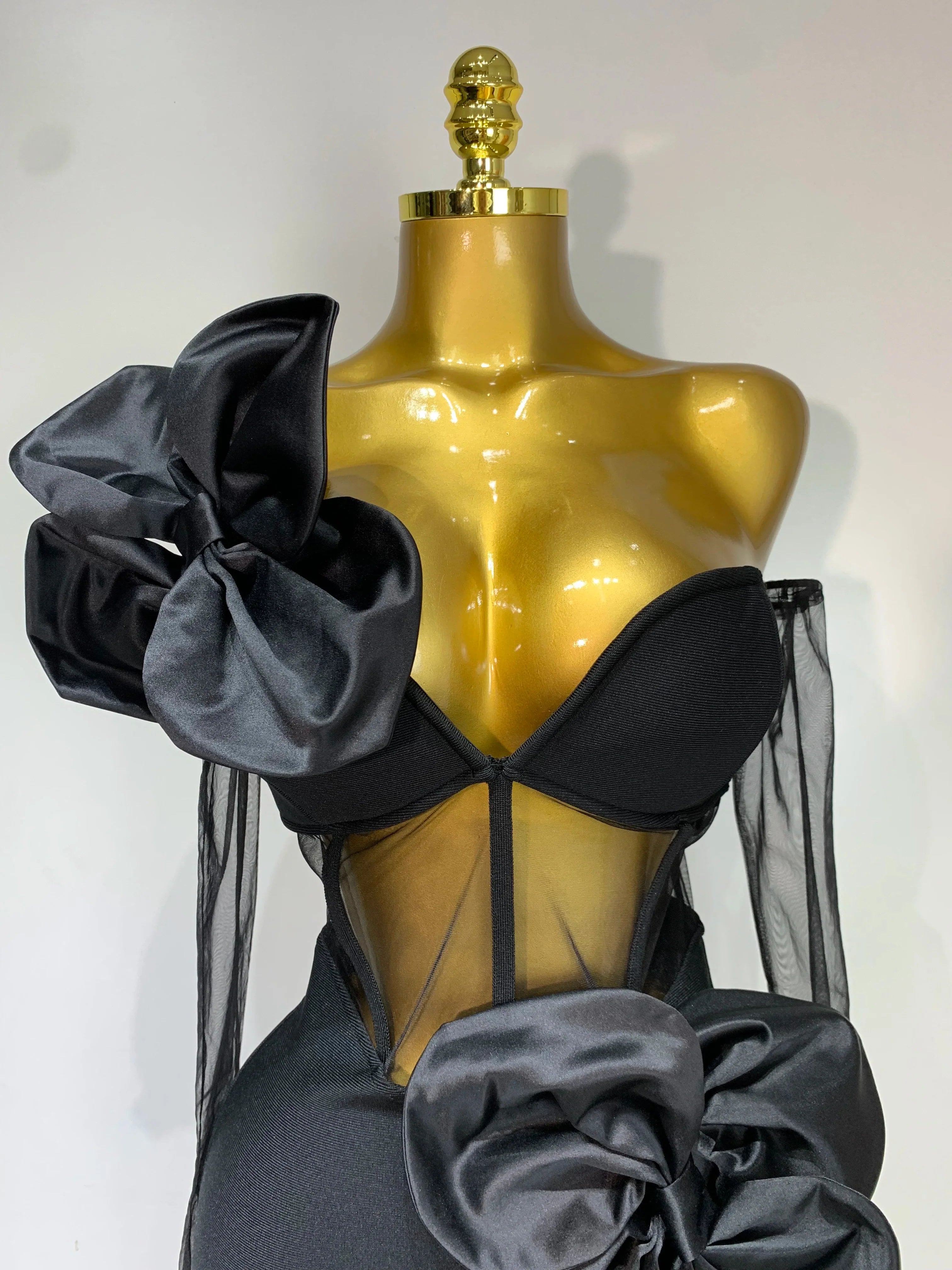 Diana One-Shoulder Bow Mesh Bodycon Dress with Gloves