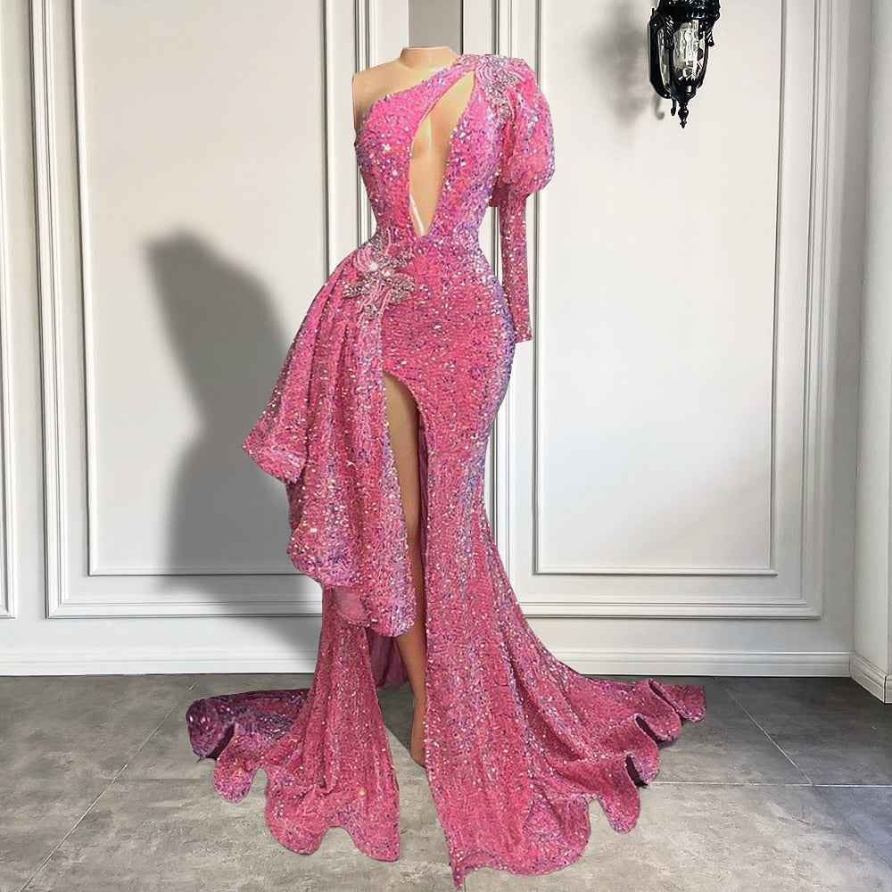 Elegant Sparkly Black One Shoulder Single Long Sleeve Prom Dress
