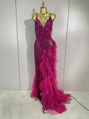 Gabrielle Rhinestone Fringe Backless Sheer Maxi Dress