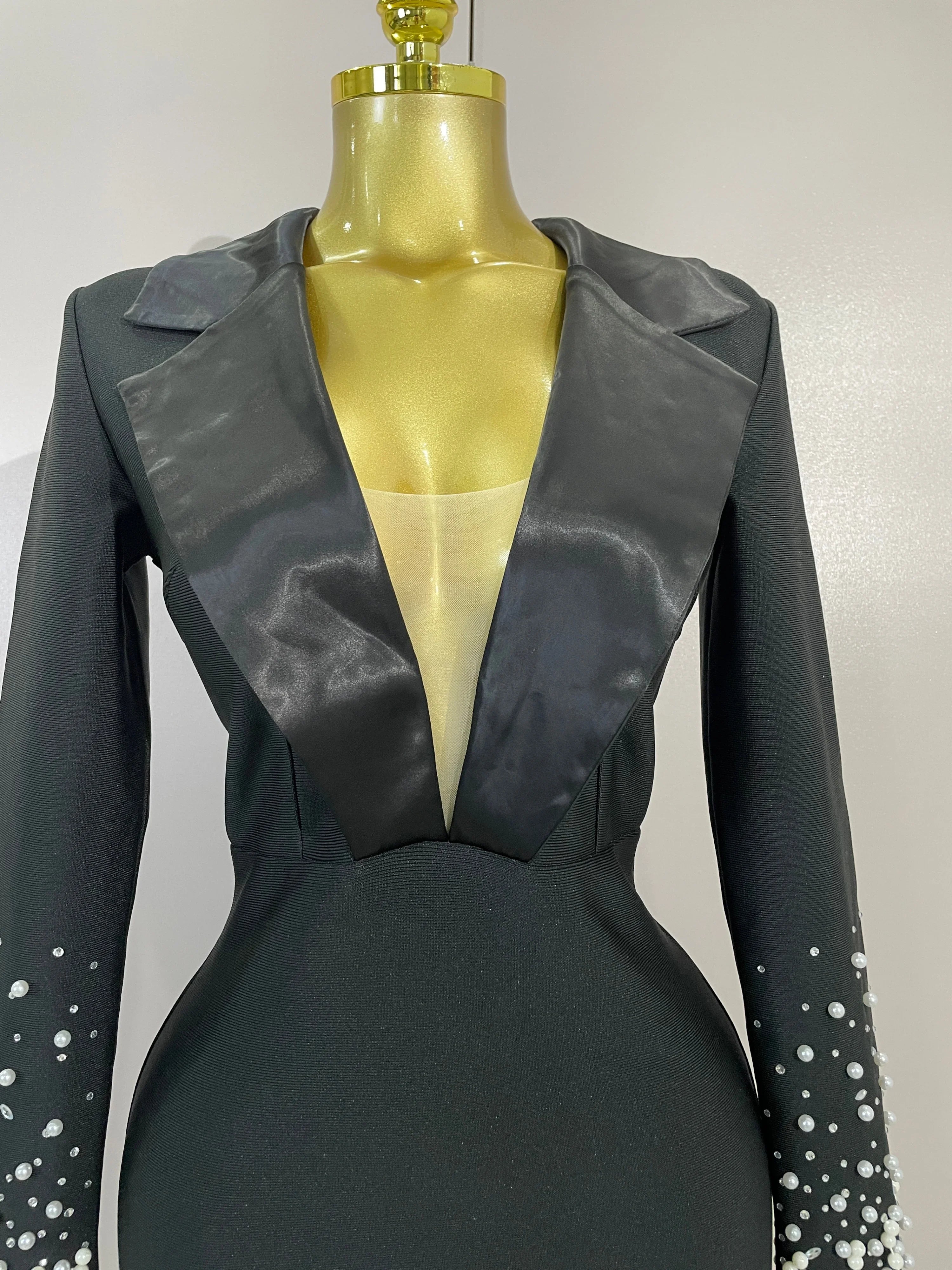 Eva Black V-Neck Pearl Beaded Long Sleeve Bodycon Bandage Dress