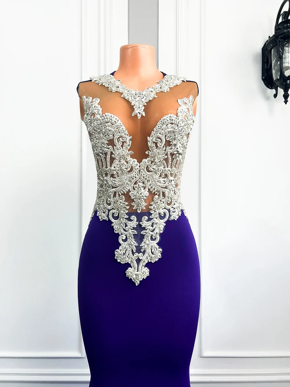 Elegant Purple Beaded Lace Prom Gown
