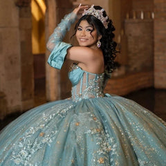 Aqua Blue Lace Beads Princess Ball Quinceanera Dress