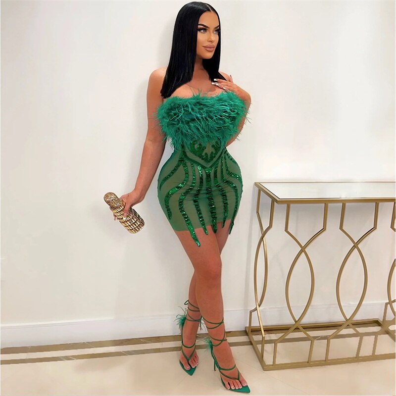 Elegant Mesh Feathers Strapless Birthday Dress