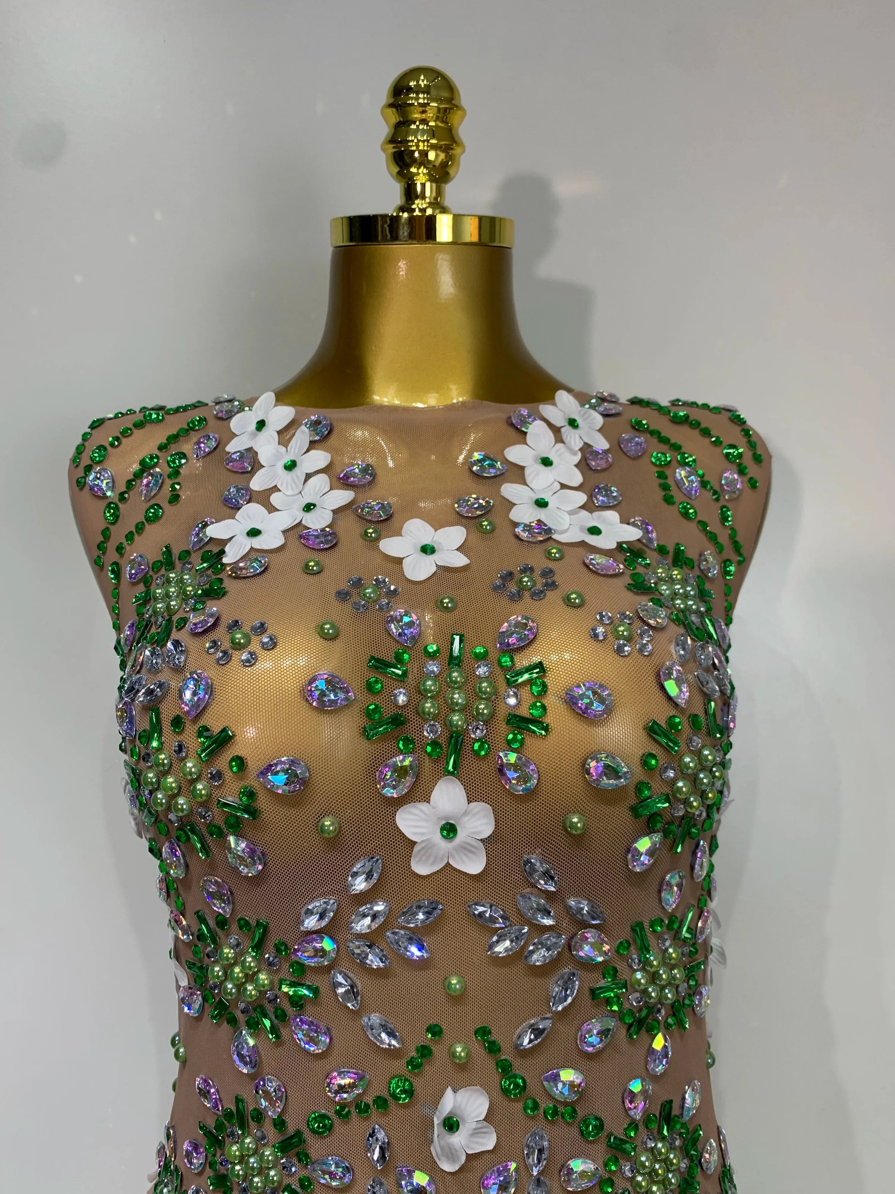 Georgette Sexy Mesh Sheer White Floral Rhinestone Dress