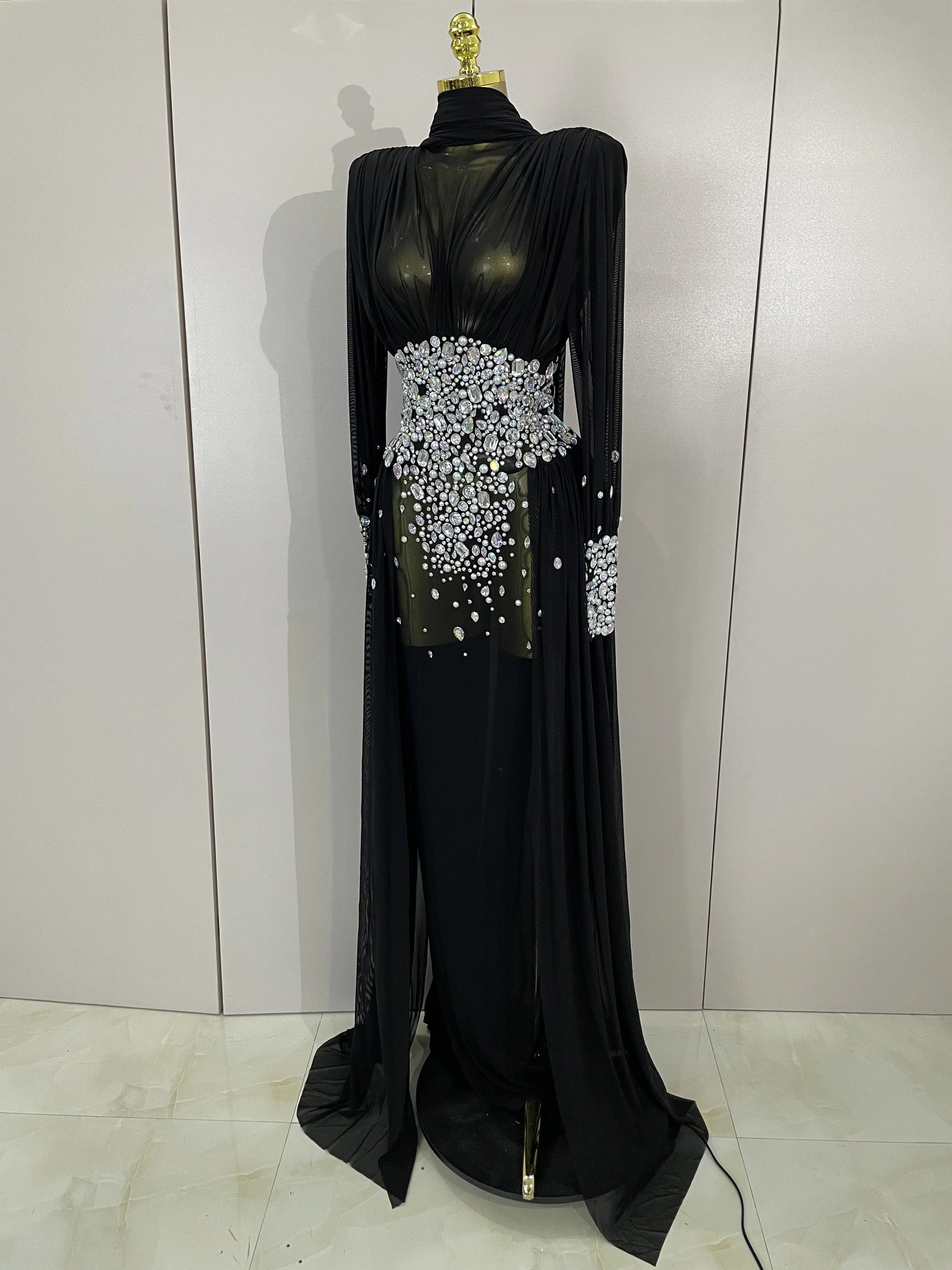 Alie Elegant Sparkly Diamond Long Sleeve Mesh See-Through Maxi Abaya Party Dress