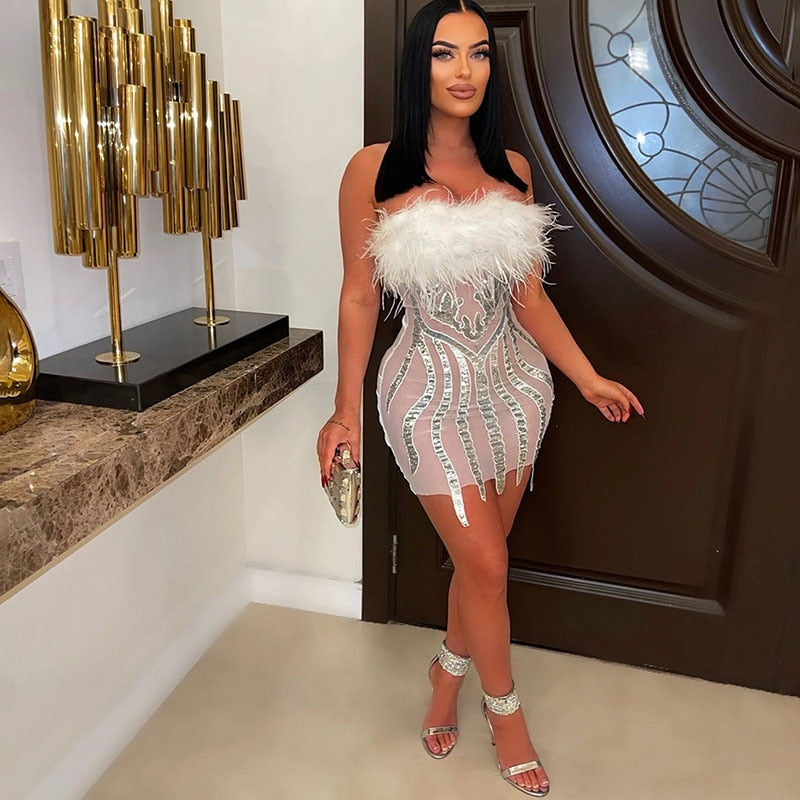Elegant Mesh Feathers Strapless Birthday Dress