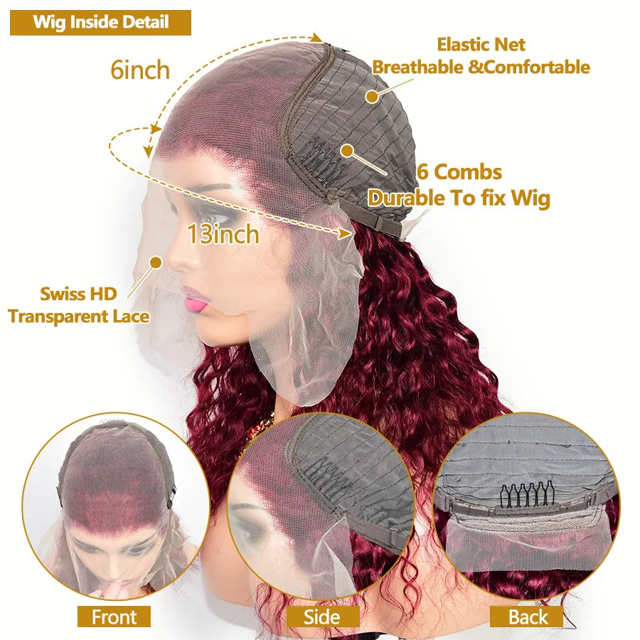 Burgundy Water Wave Human Hair Wig – 28/30/38 Inch 13x6 HD Lace Front 200% Density