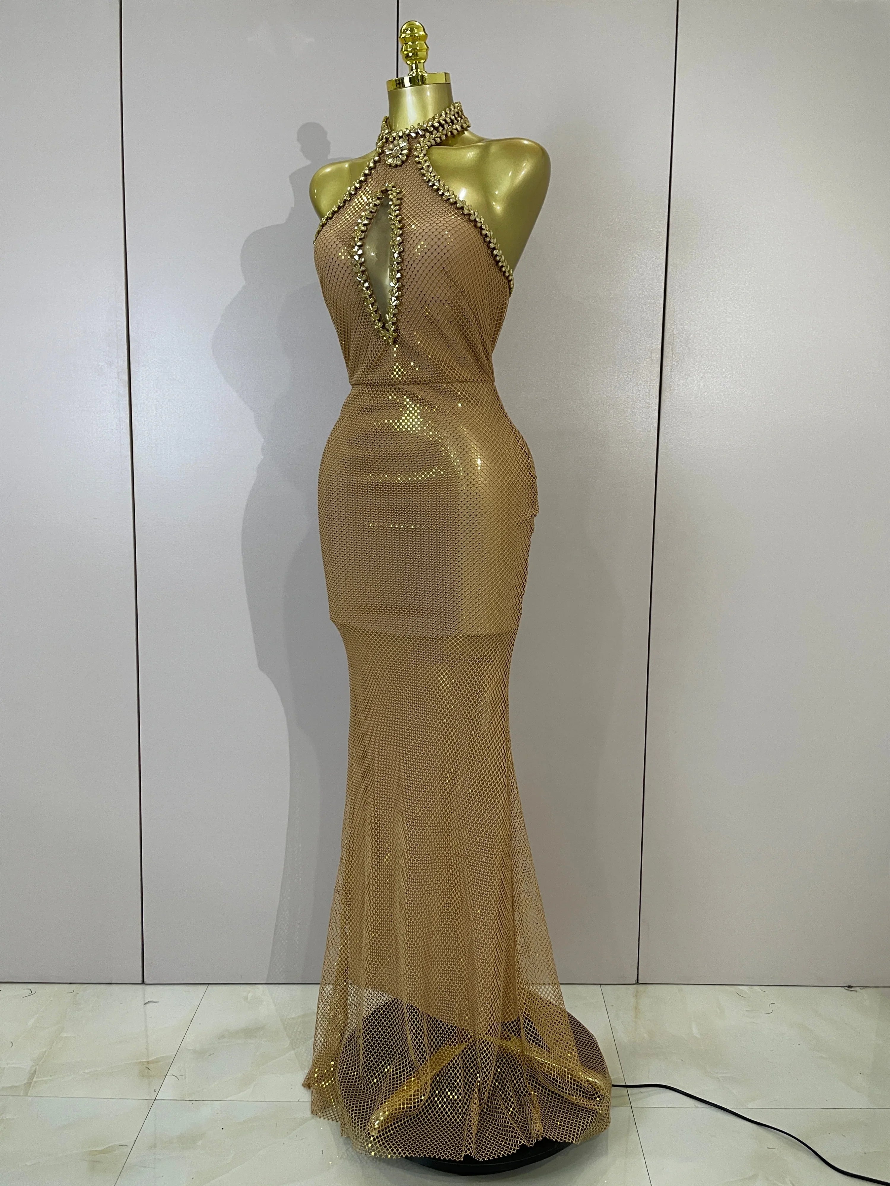 Eva Sexy Halter Sparkly Diamond Golden Mesh Sequin Maxi Dress
