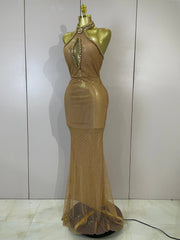 Eva Sexy Halter Sparkly Diamond Golden Mesh Sequin Maxi Dress