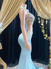 Elegant Light Blue Floral Beaded Appliques Mermaid Prom Dress